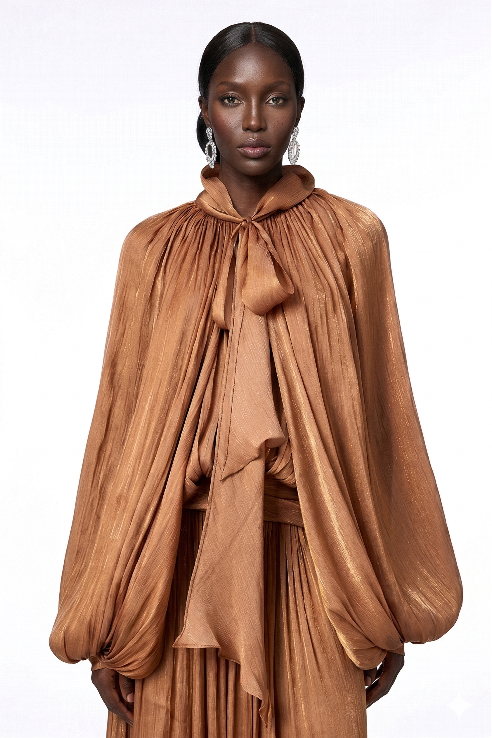 Aqil Brown Pleated Satin Maxi Dress