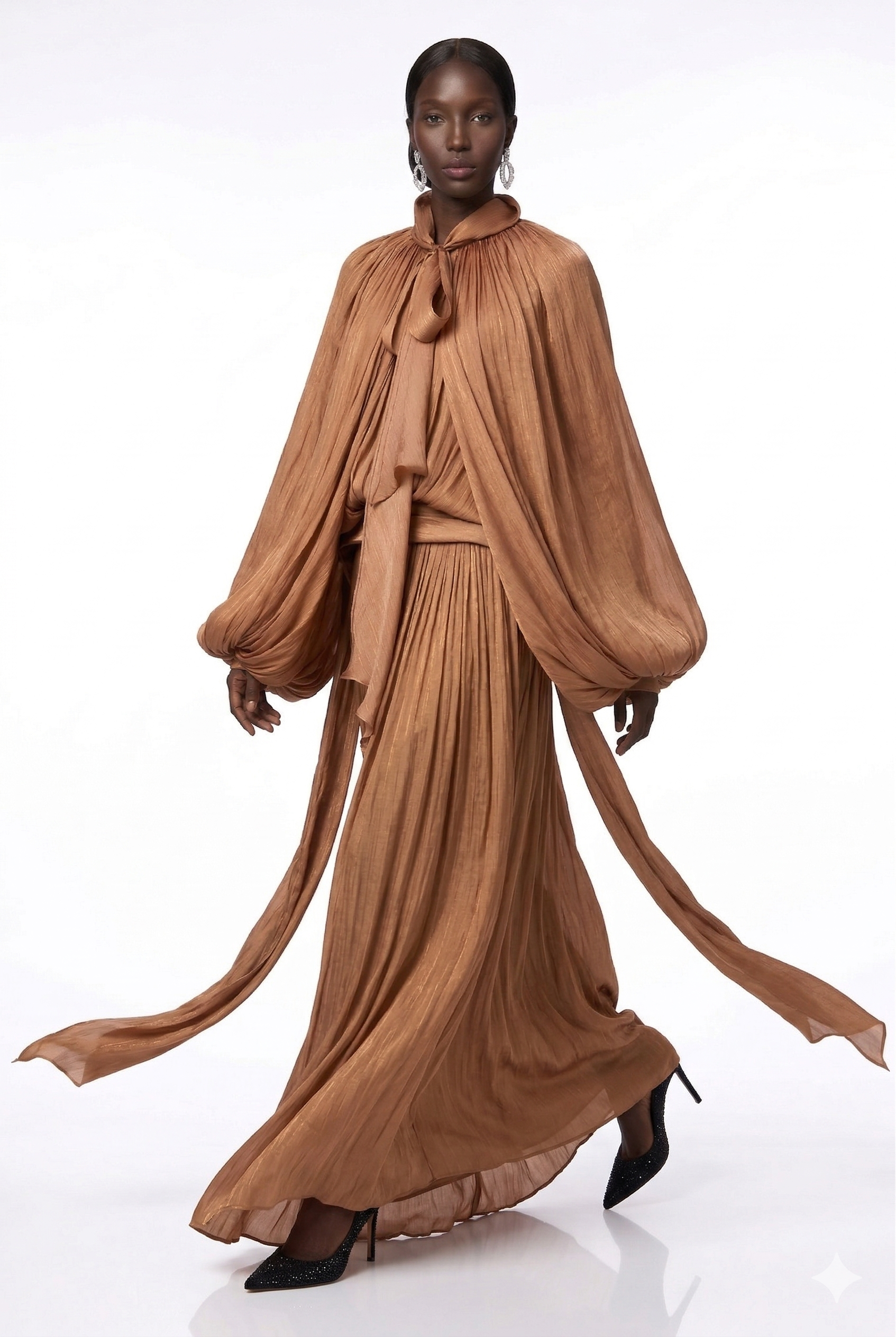 Aqil Brown Pleated Satin Maxi Dress