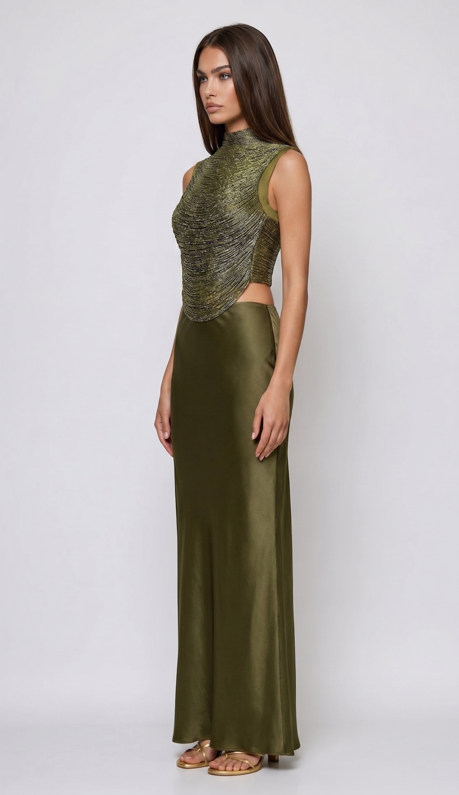 Ferdous Fringe Satin Skirt Set In Olive