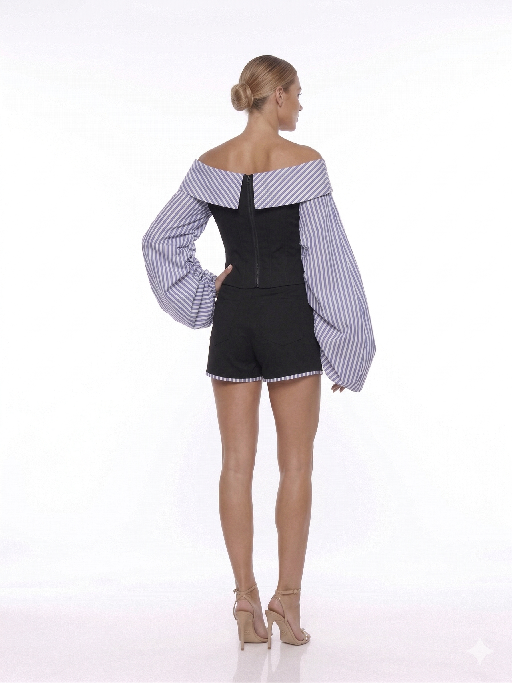 Waters Black Stripe Panel Blouse & Shorts Set