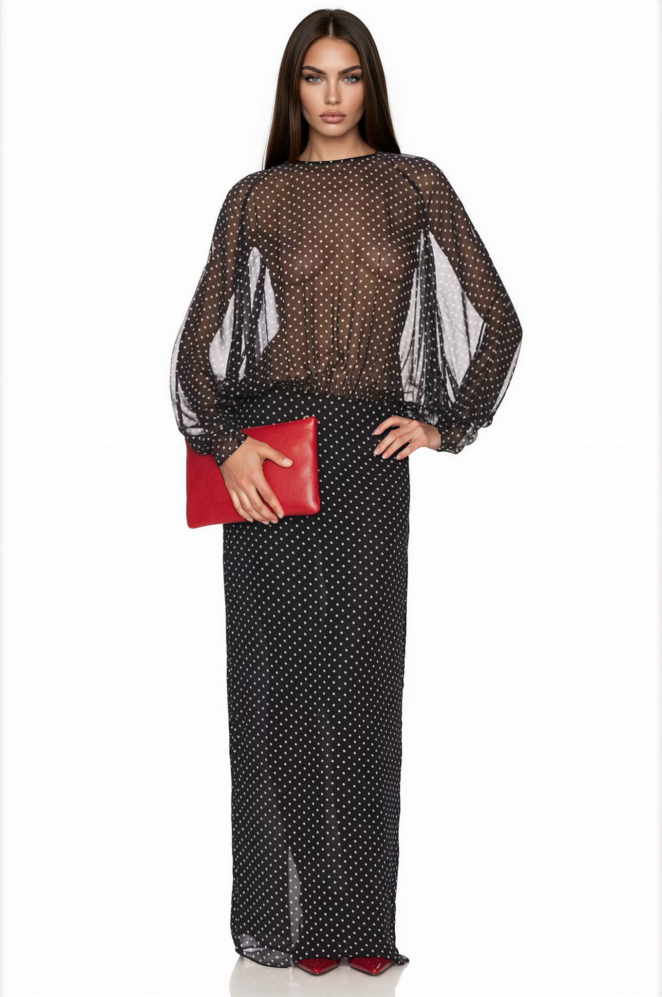 Eezis Black Polka Dot Chiffon Maxi Dress