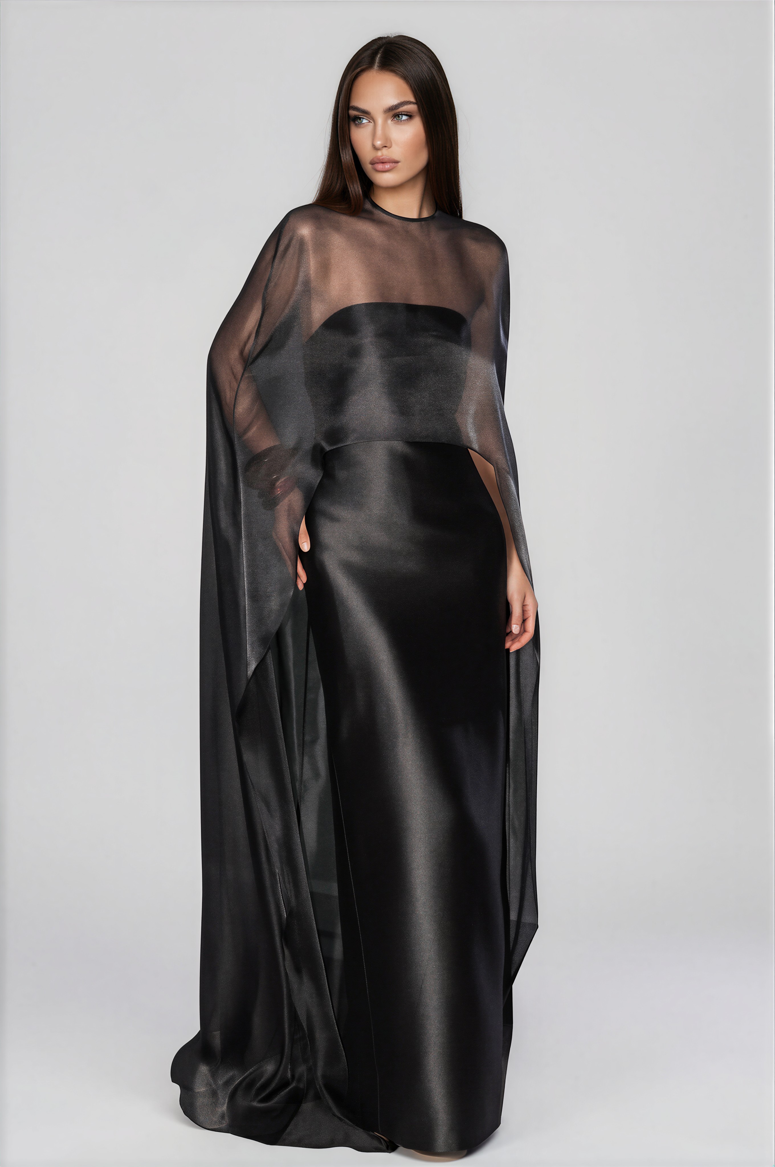 Farquhar Mesh Shawl Silky Maxi Dress In Black