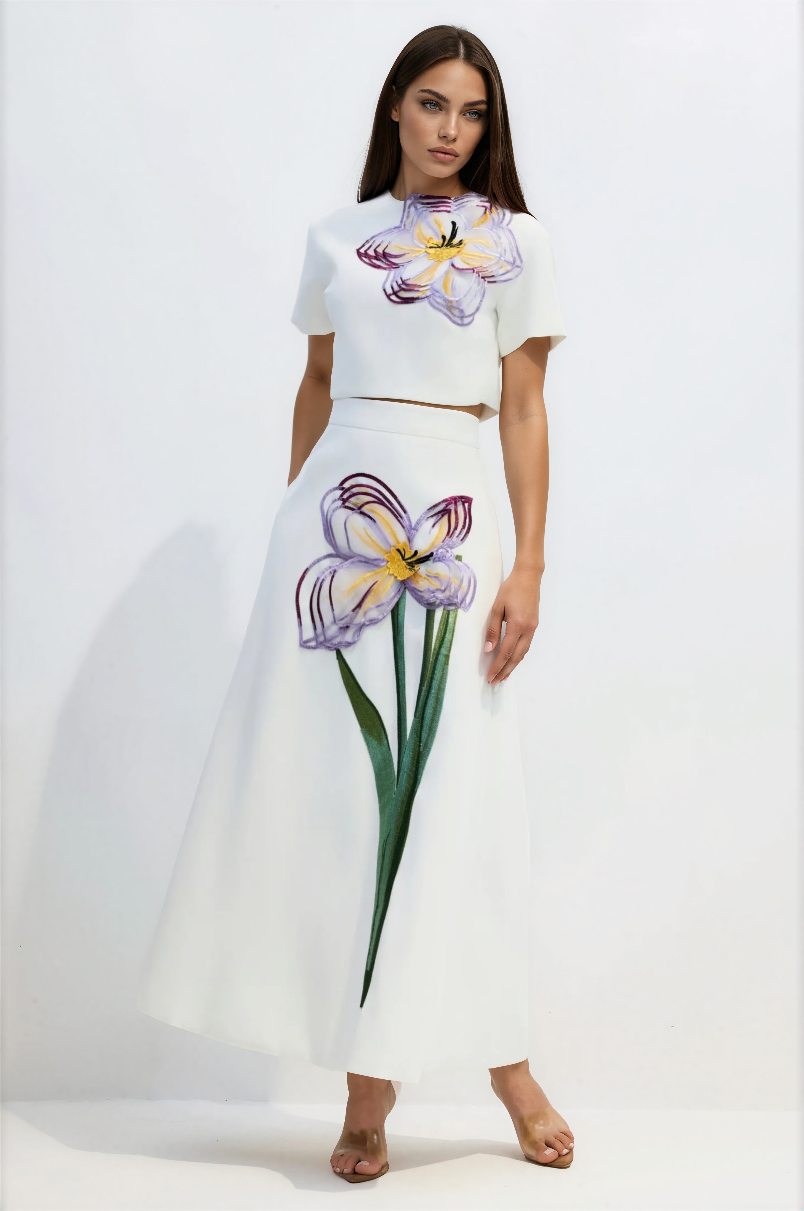 Fedelma Floral Applique Short Sleeve Top & Skirt Set