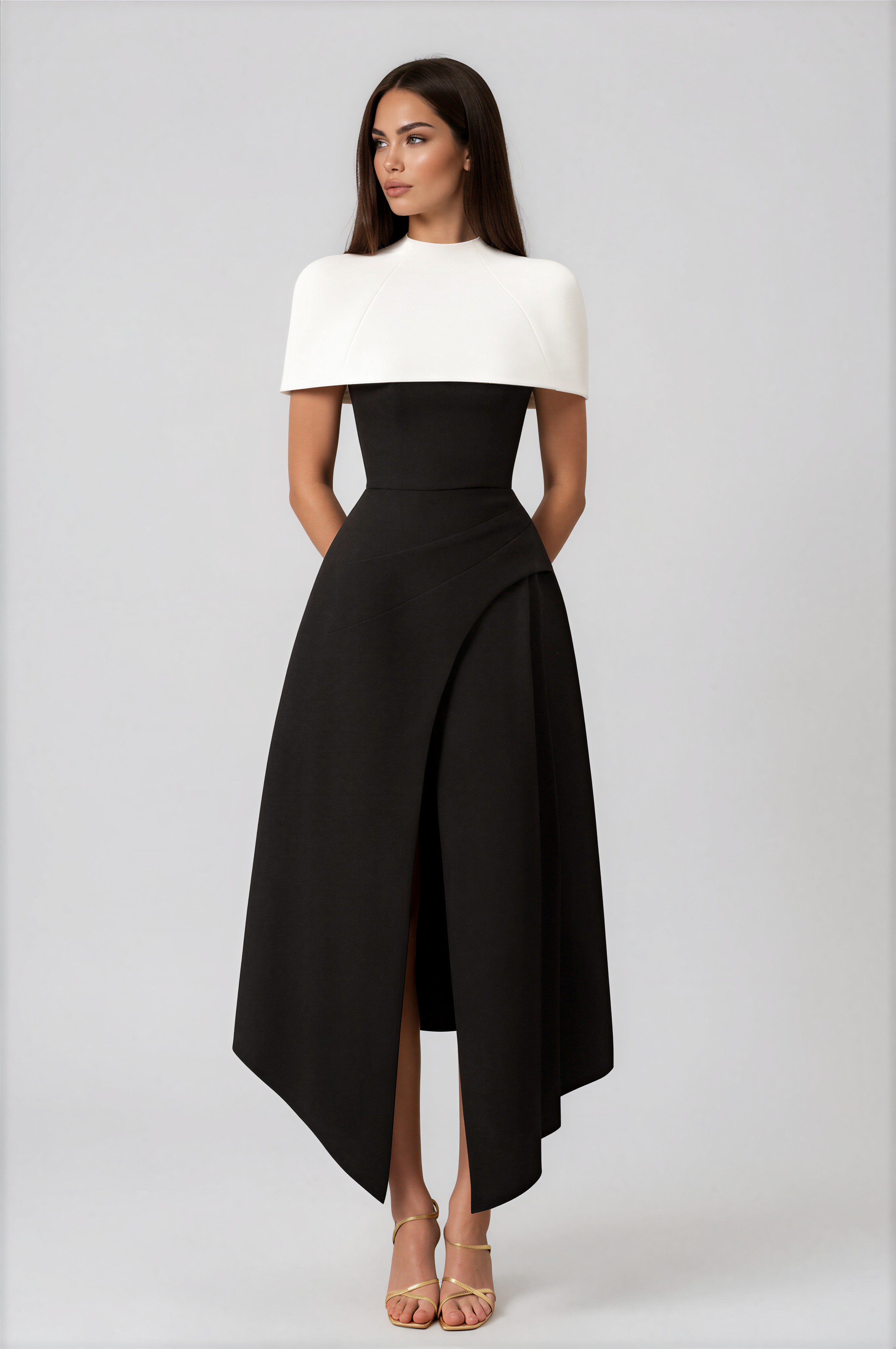 Borja Color Block Midi Dress with Shawl Detail
