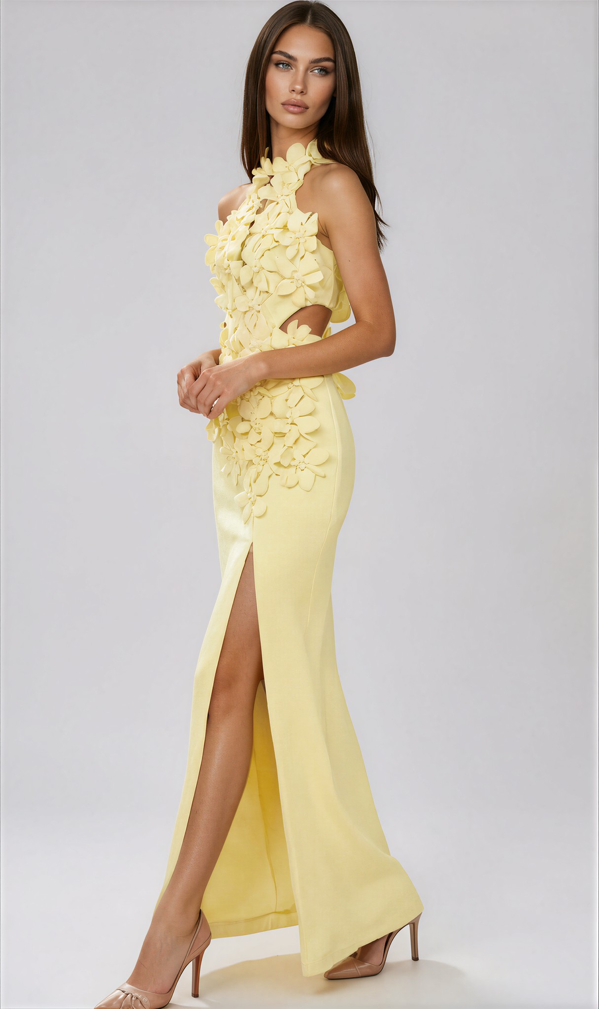 Felix Halter Neck Flower Split Maxi Dress In Yellow