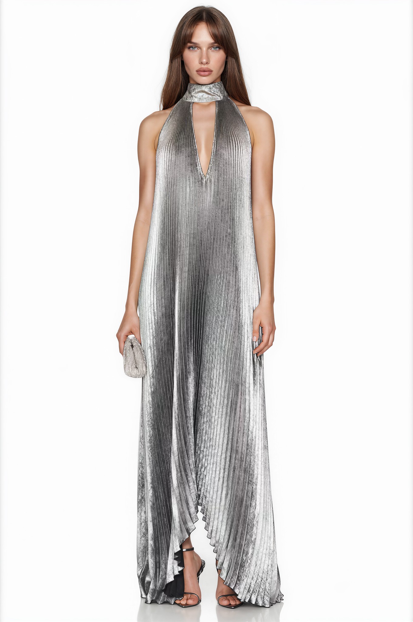 Irini Backless Metallic Pleated Maxi Dress