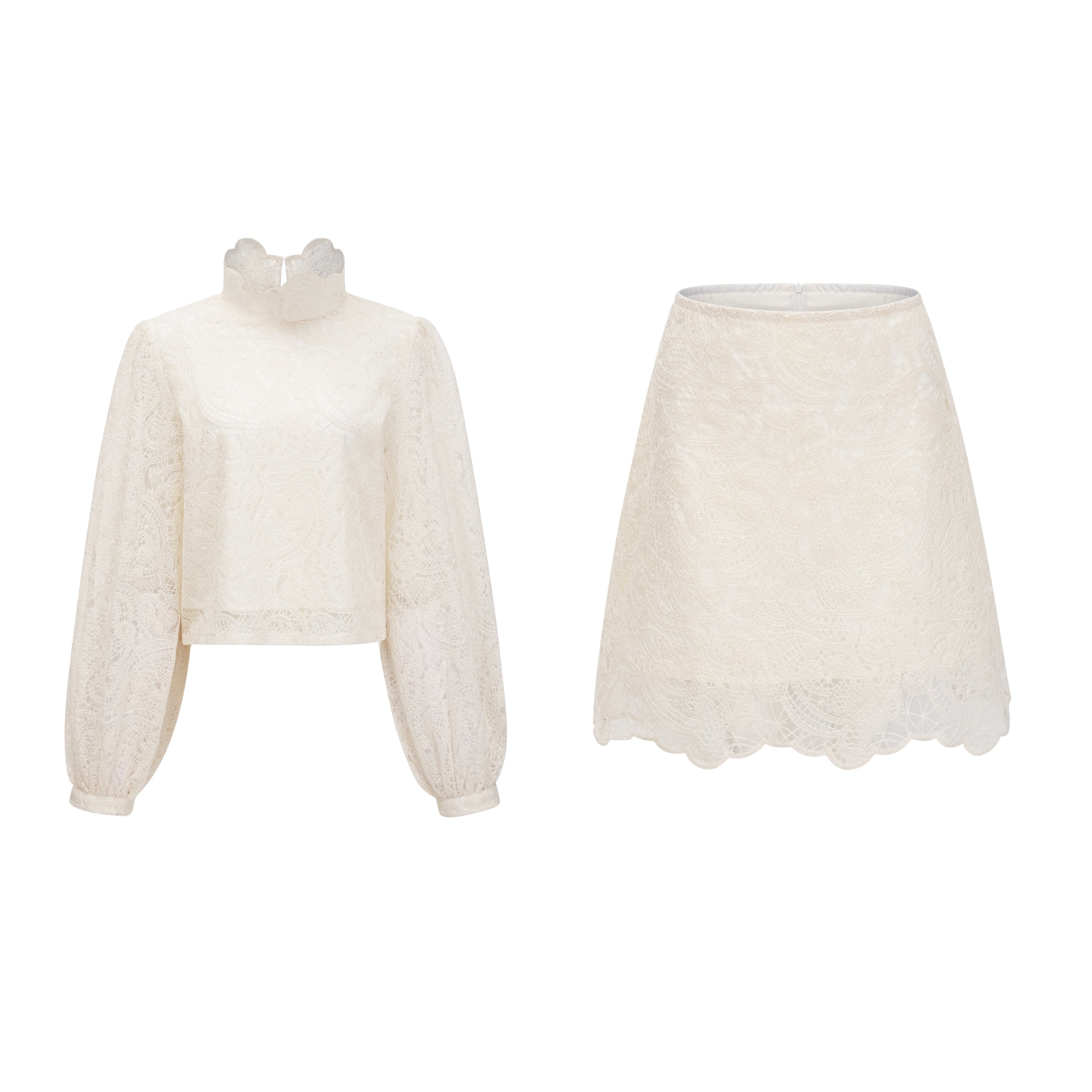 Eugénie Cream White Lace Blouse & Skirt Set