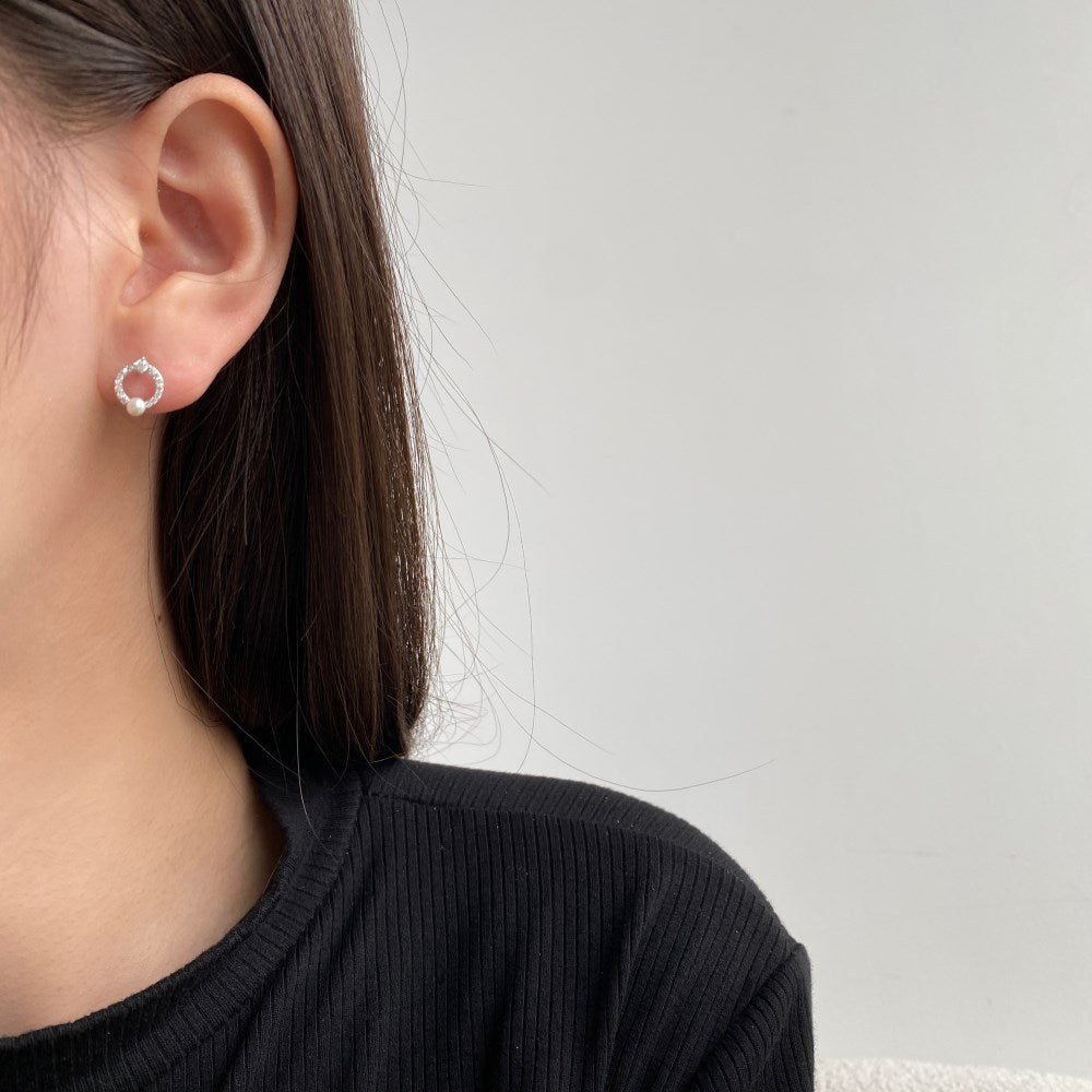 Spiral Minimalist Circle Moissanite Diamonds & Akoya Pearl Elegant 18k White/Vermeil Gold Plated Stud Earrings | Mix Mix Style