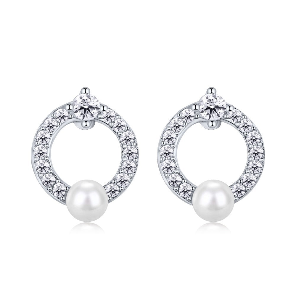 Spiral Minimalist Circle Moissanite Diamonds & Akoya Pearl Elegant 18k White/Vermeil Gold Plated Stud Earrings | Mix Mix Style