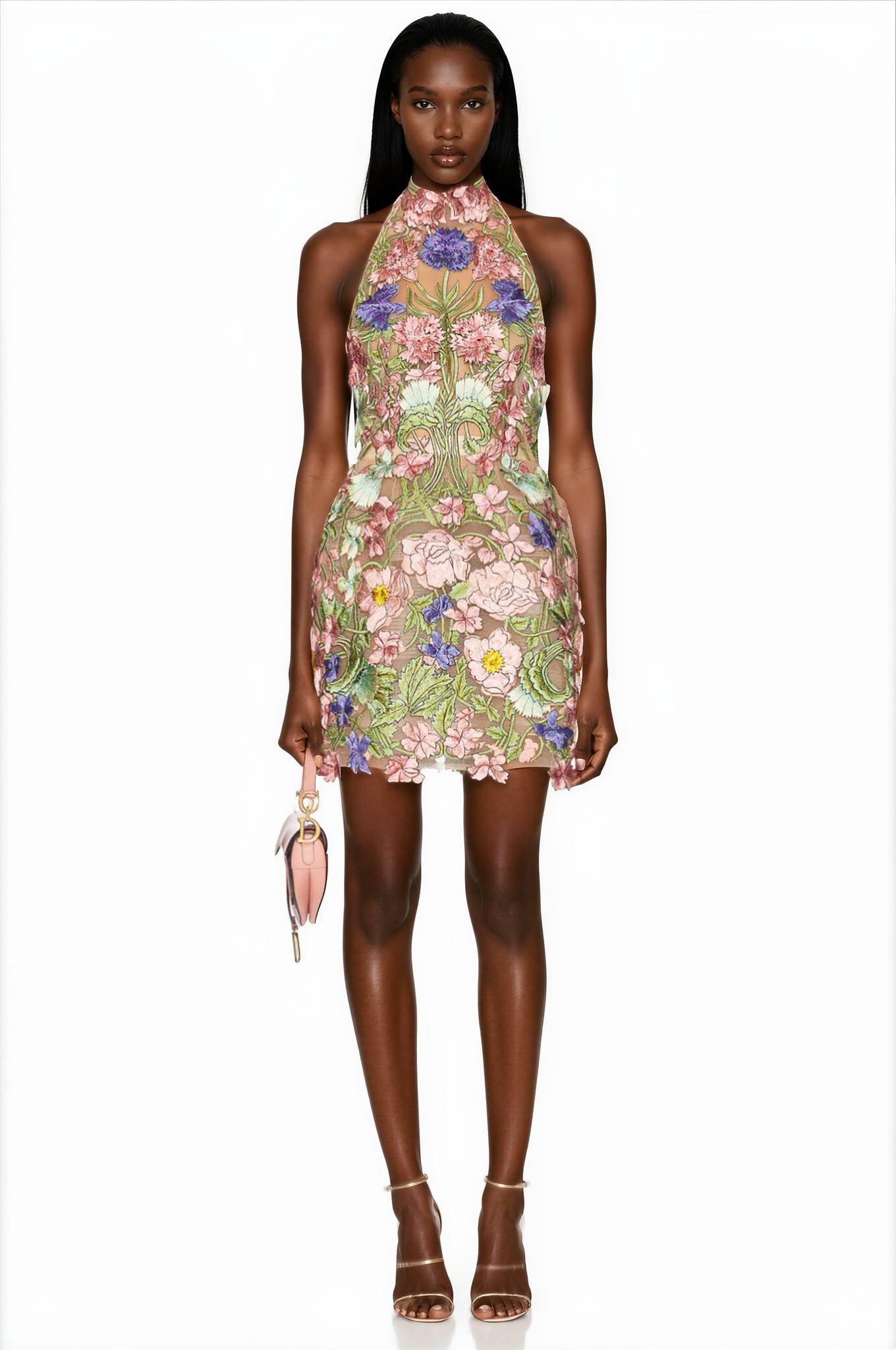 Sheerluck Green Floral Embroidered Mesh Mini Dress
