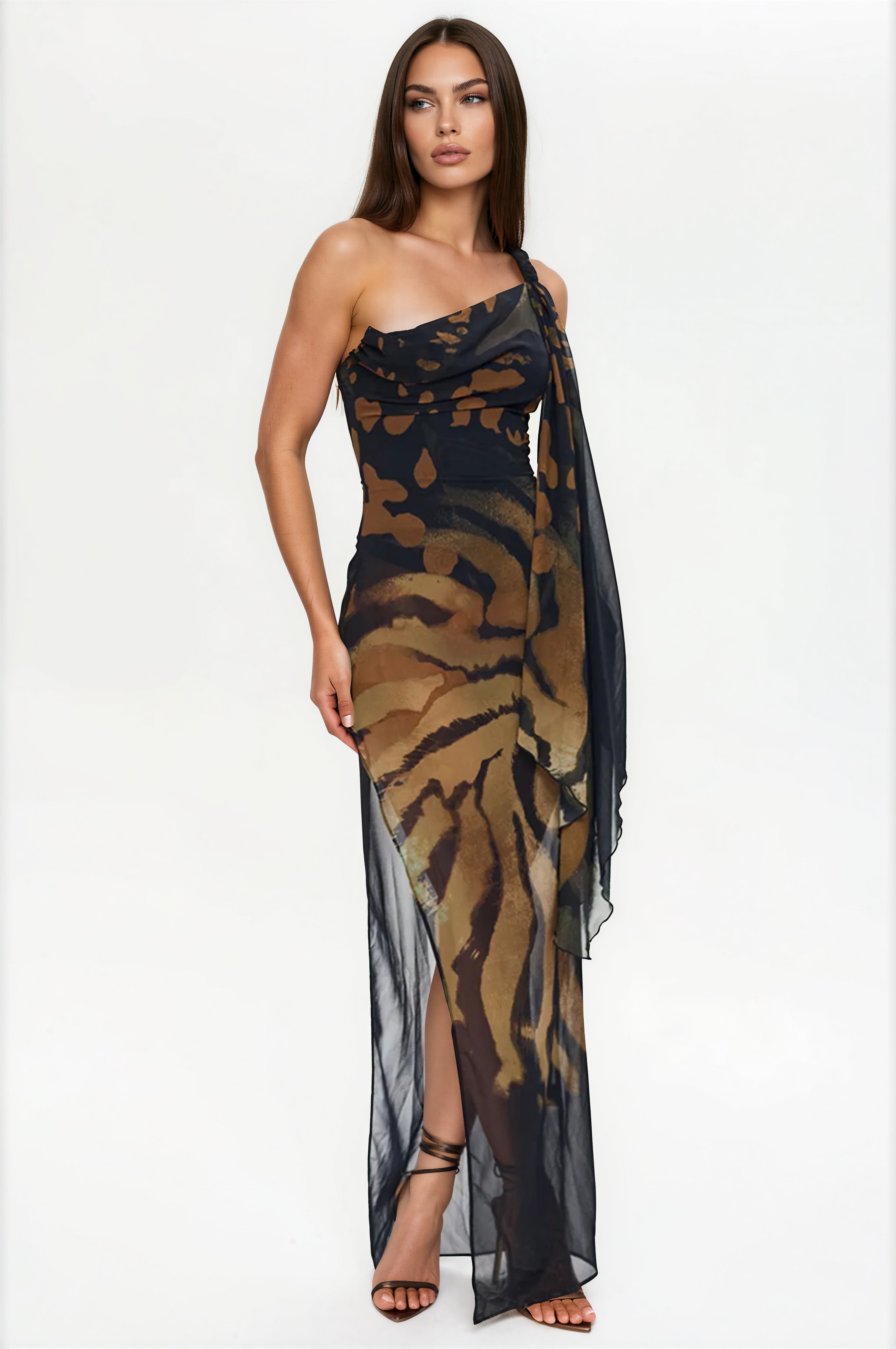 Ziomuble Animal Print Backless Slit Maxi Dress