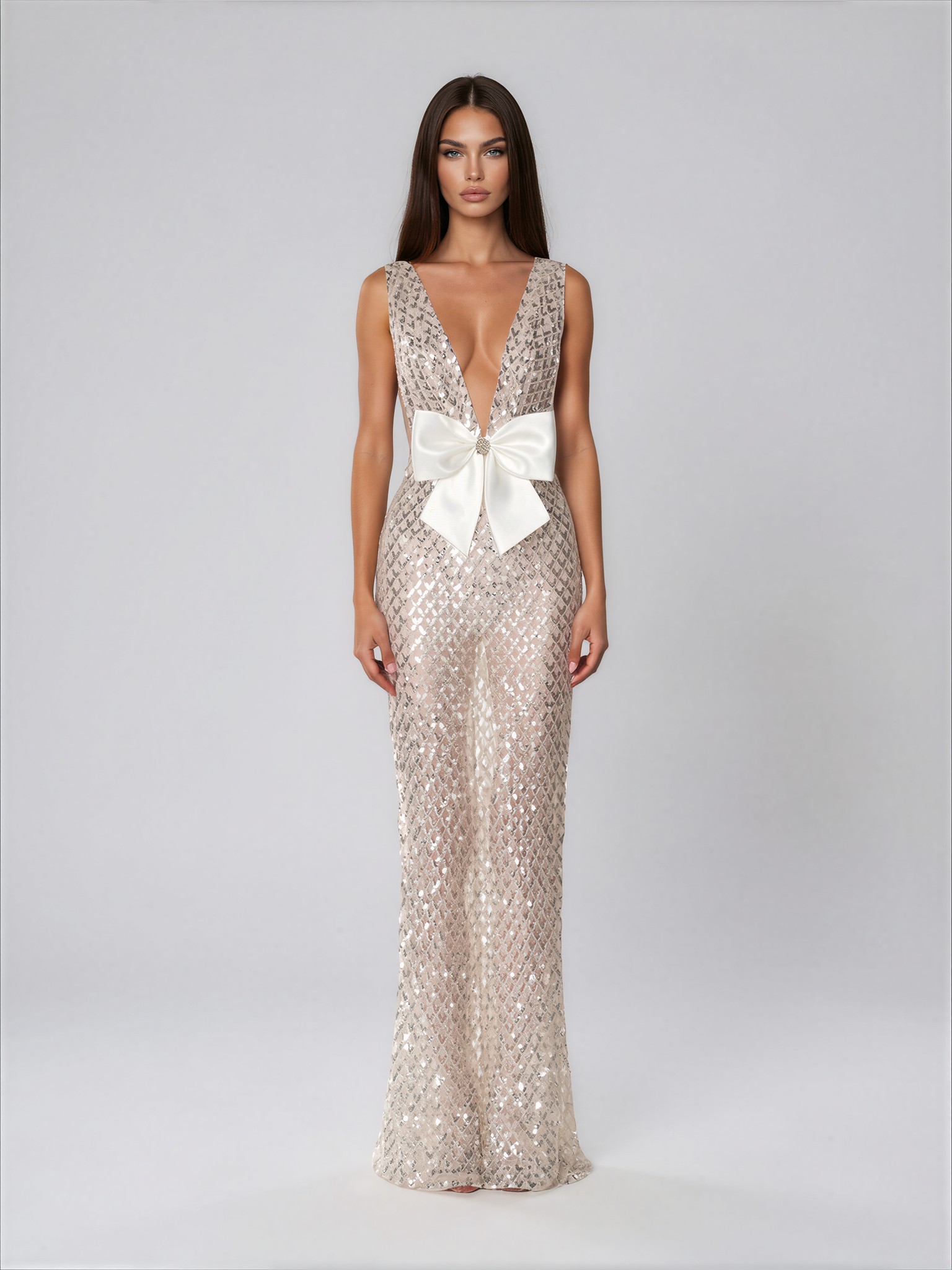 Jagtopo V Neck Bow Sequin Maxi Dress In White