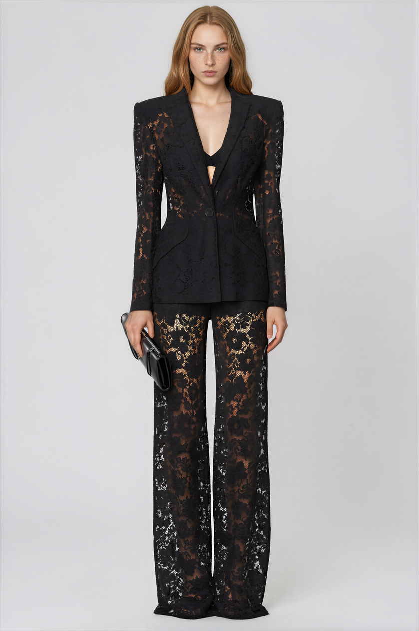 Solara Black Sheer Lace Blazer & Trousers Matching Set