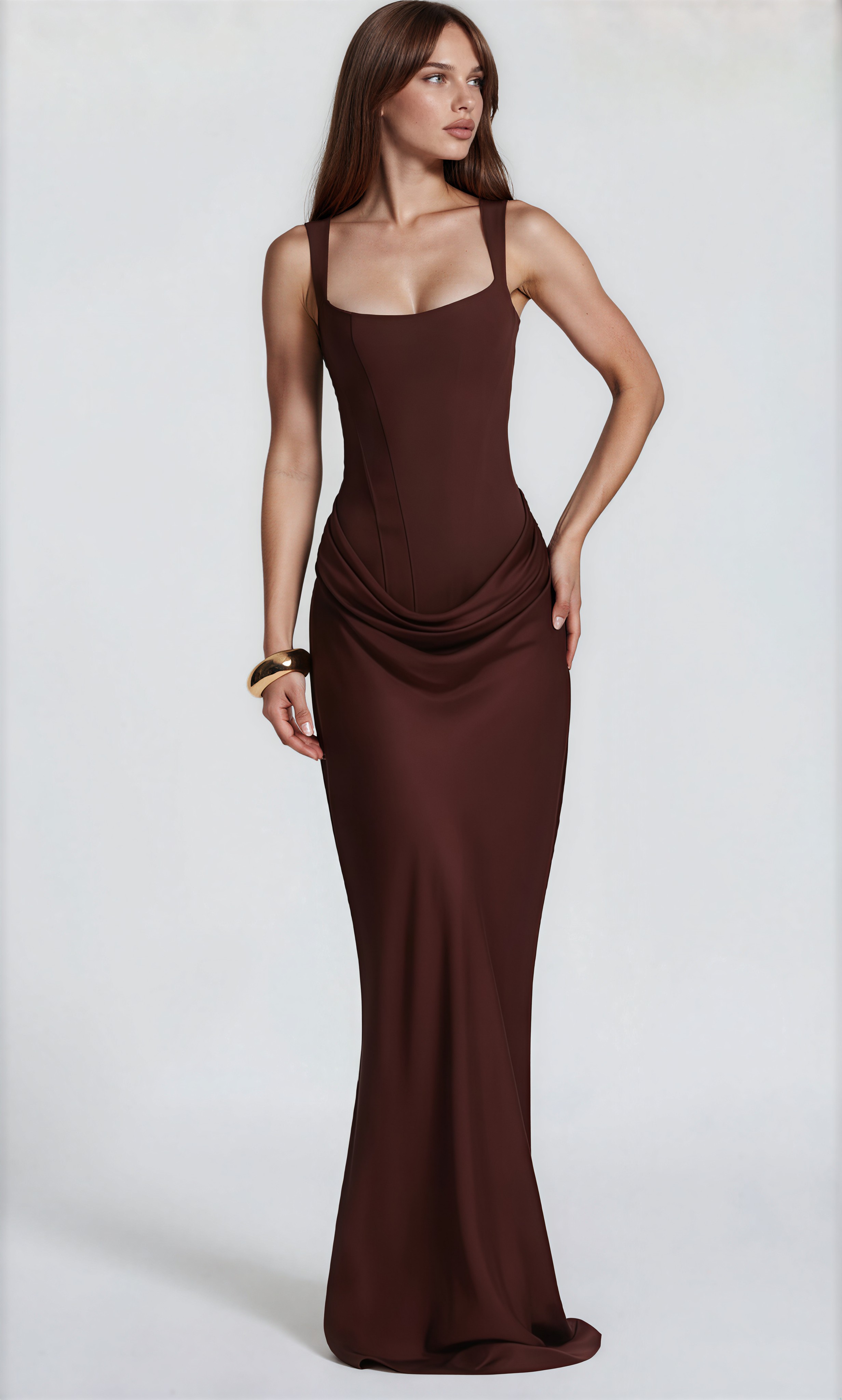 Balisola Brown Ruched Corset Maxi Dress