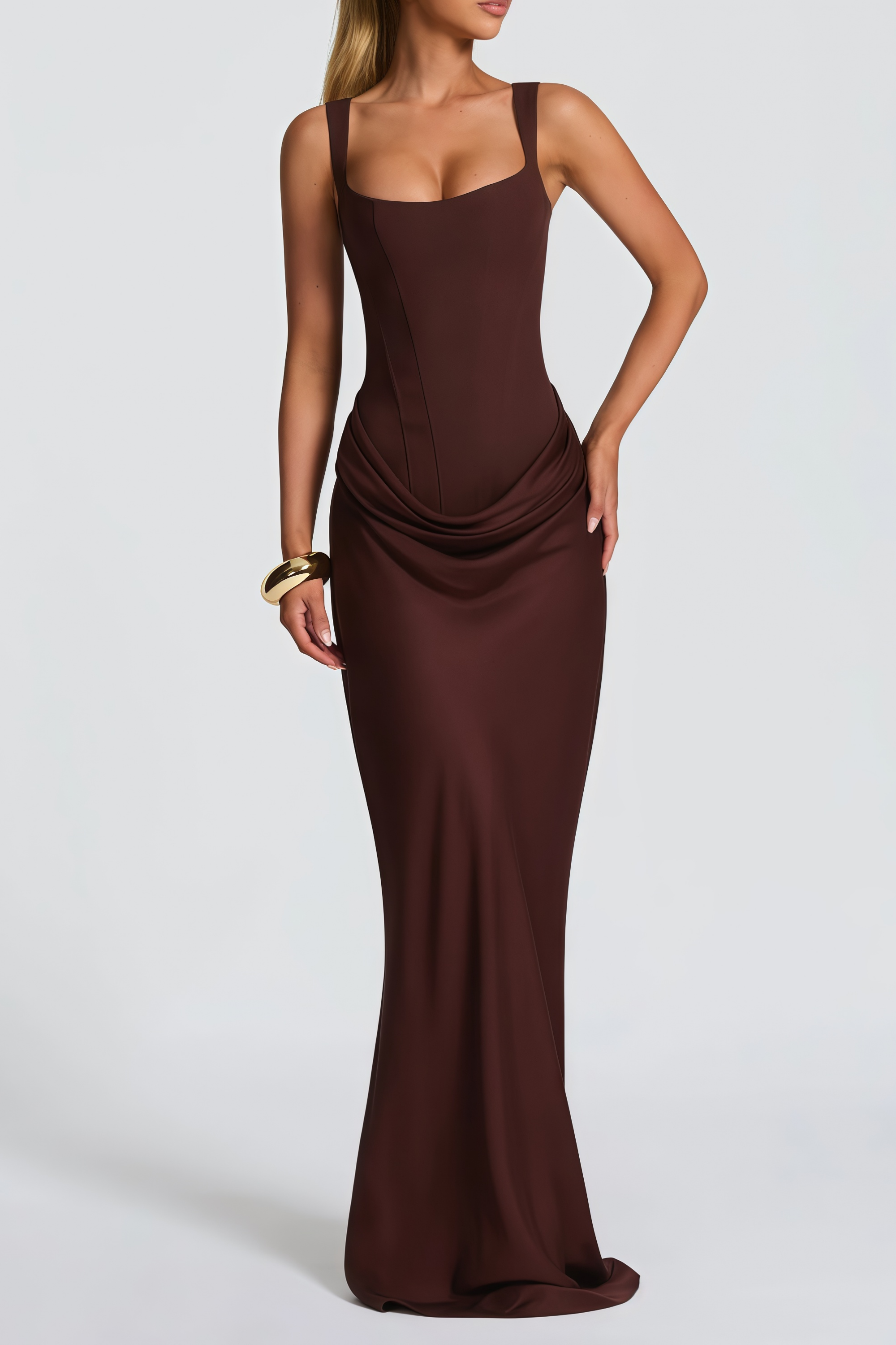 Balisola Brown Ruched Corset Maxi Dress