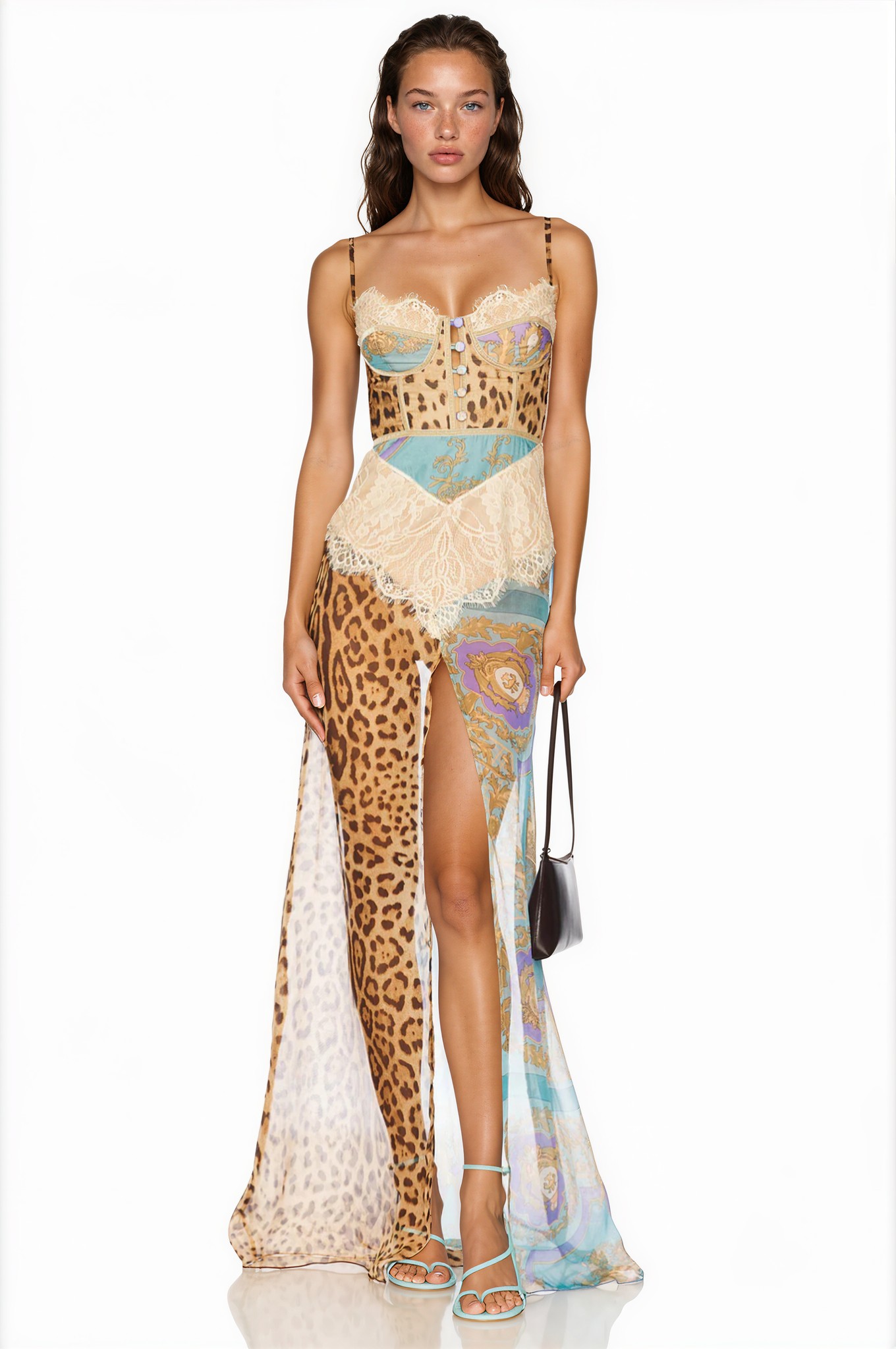 Pameniozo Splicing Lace Split Leopard Print Maxi Dress