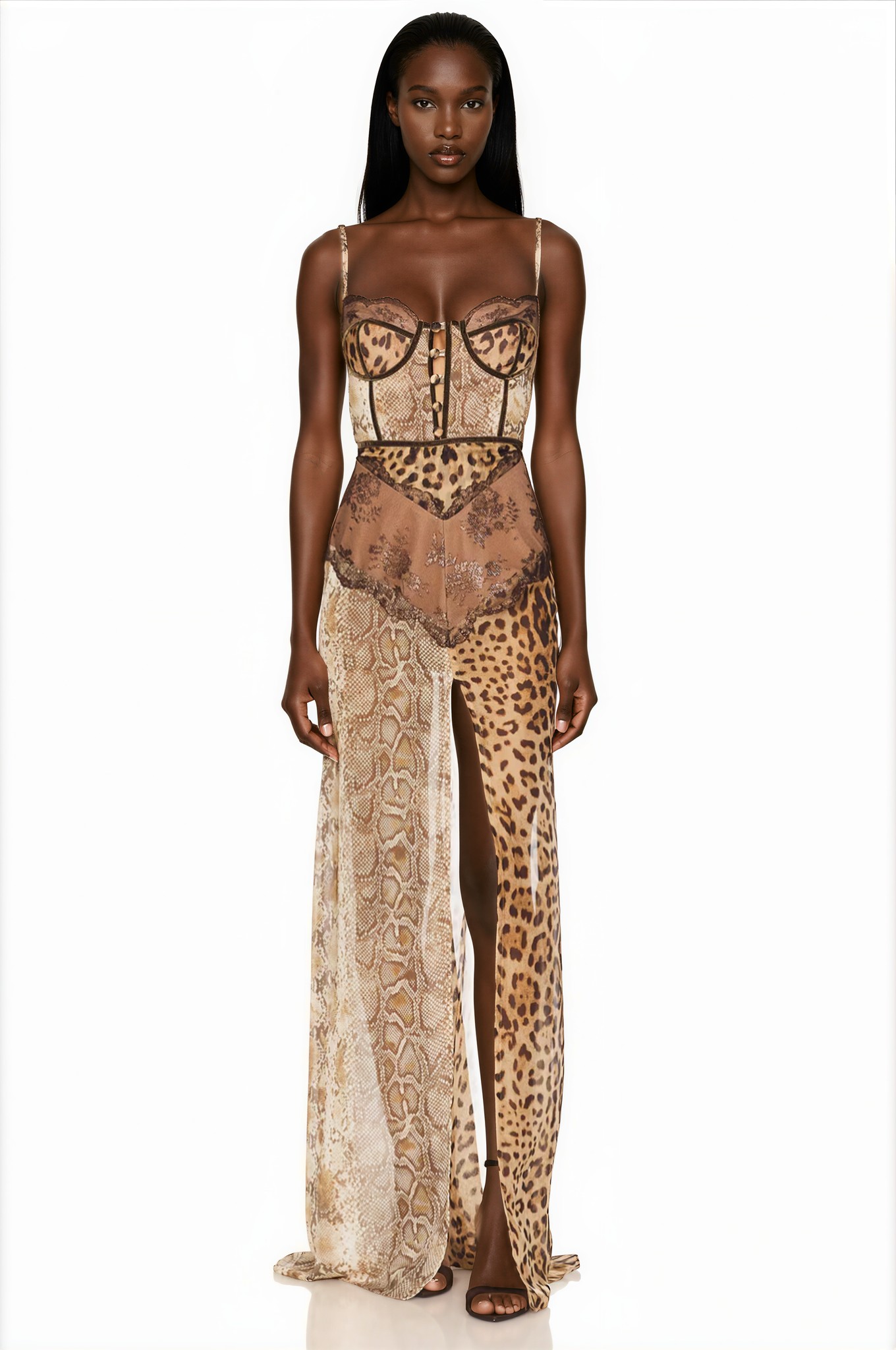 Buleycosmo Splicing Lace Split Leopard Print Maxi Dress