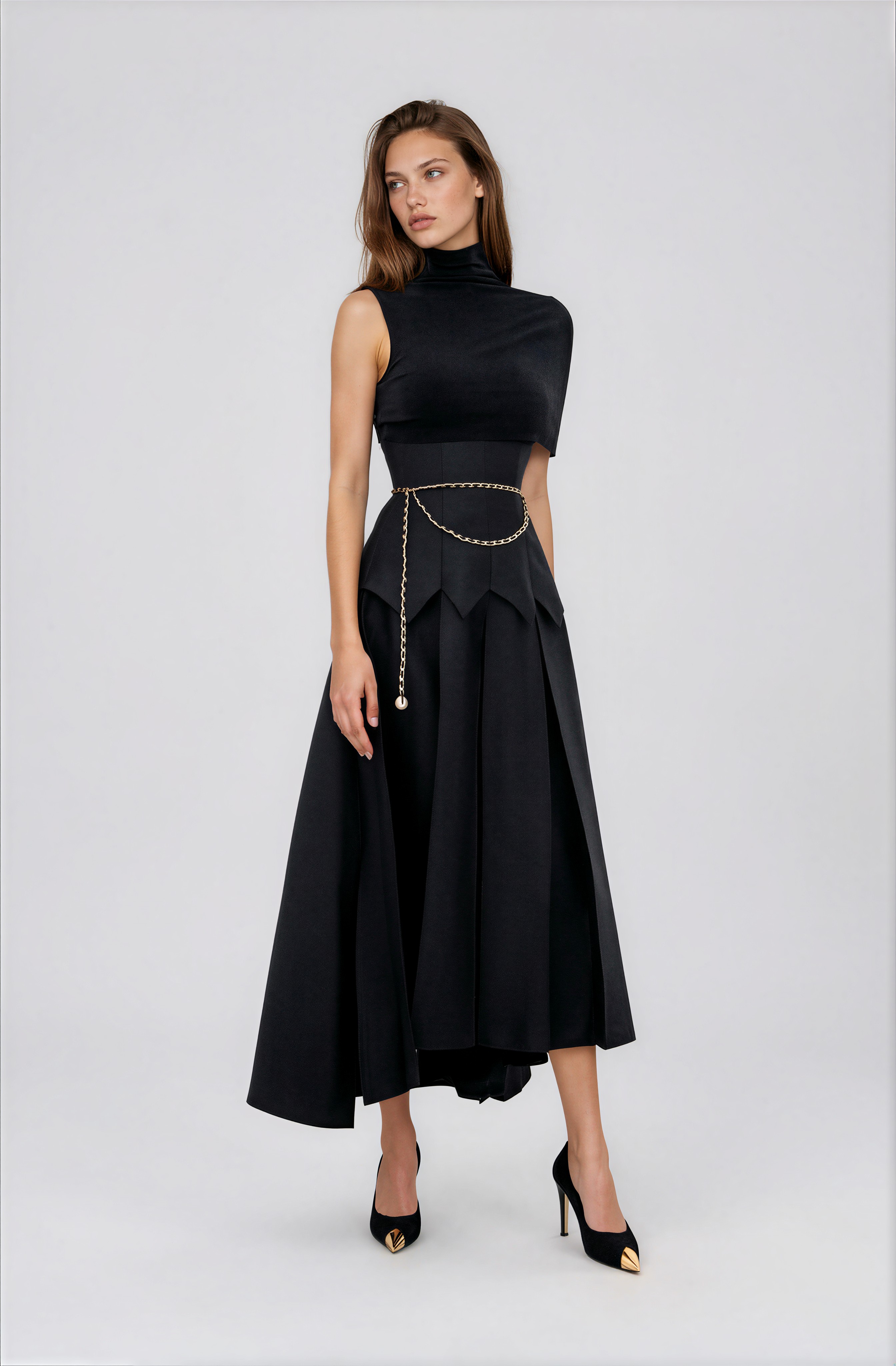Minivestido Black Asymmetrical Shawl Layered Midi Dress