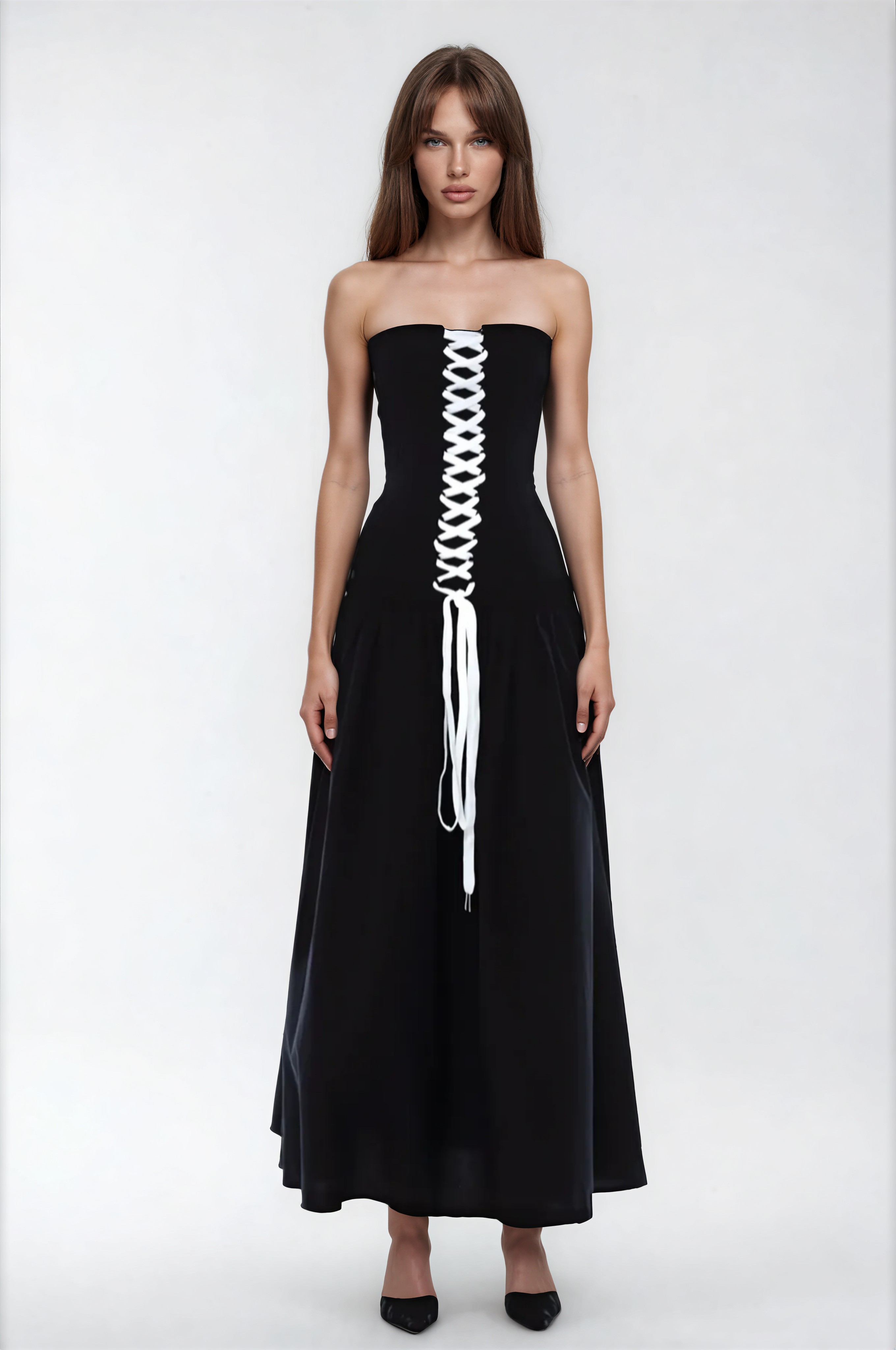 Anoush Lace Up Strapless Maxi Dress