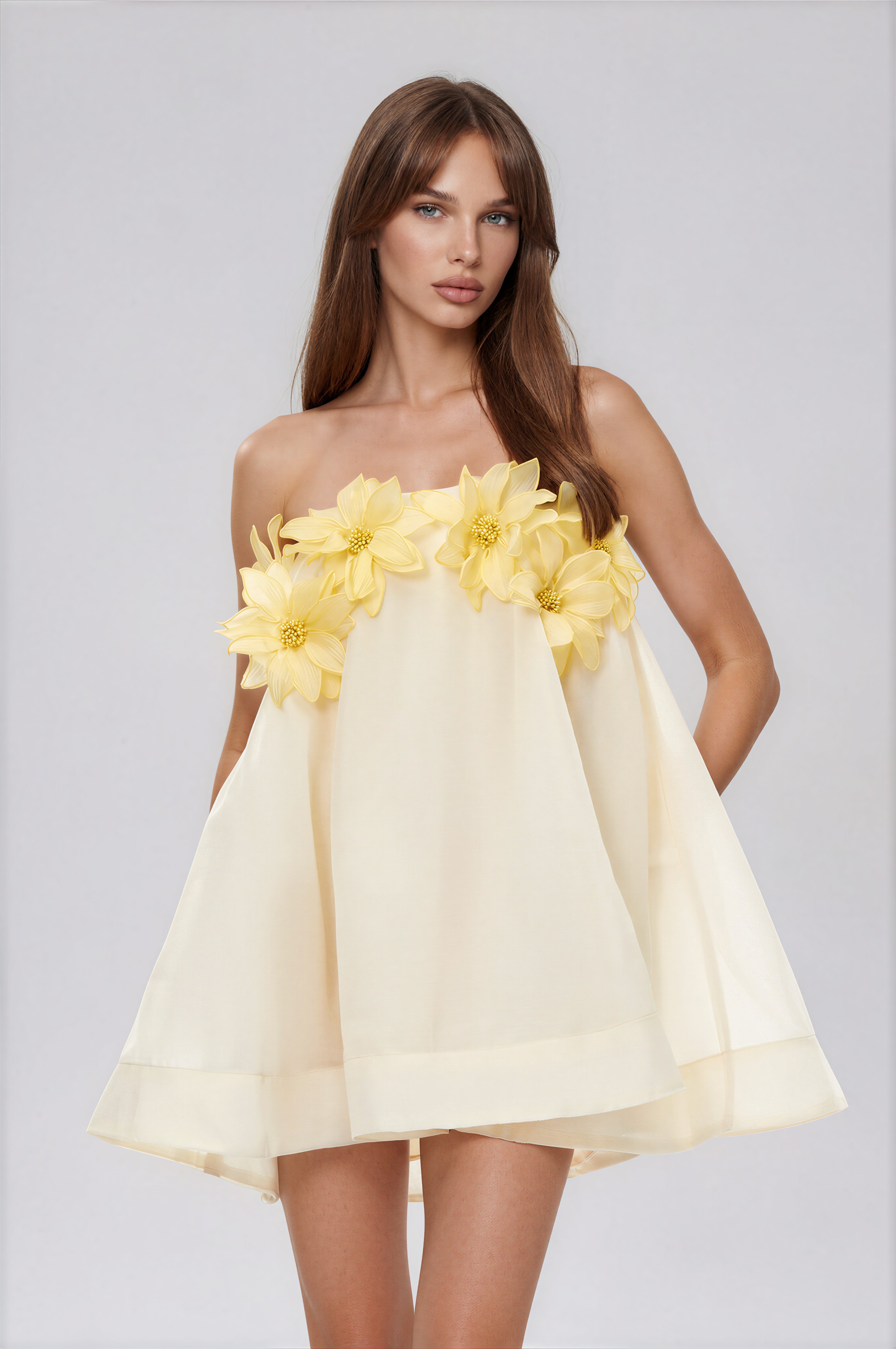 Goril Yellow Off Shoulder Mini Dress with 3D Florals