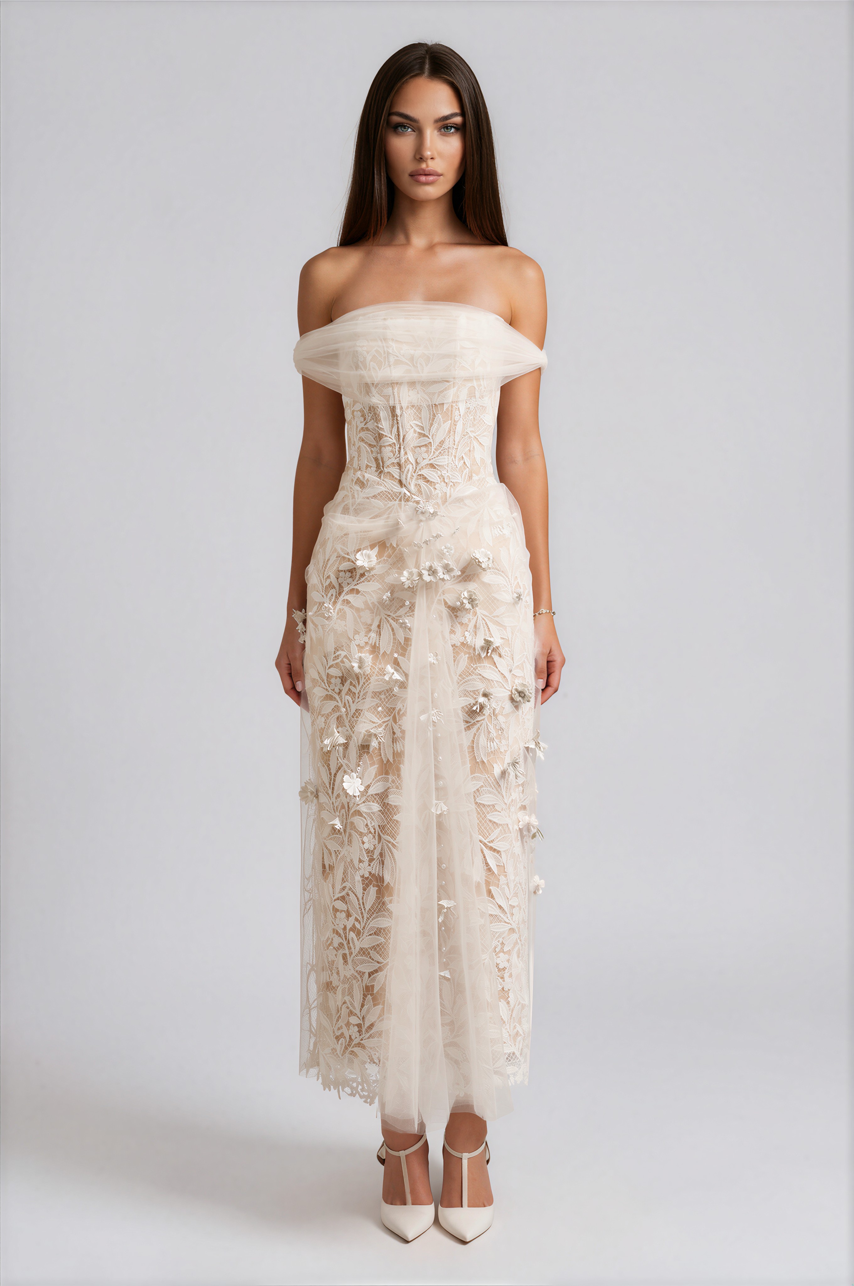 Kimmi Neutral Tulle Panel Lace Maxi Dress