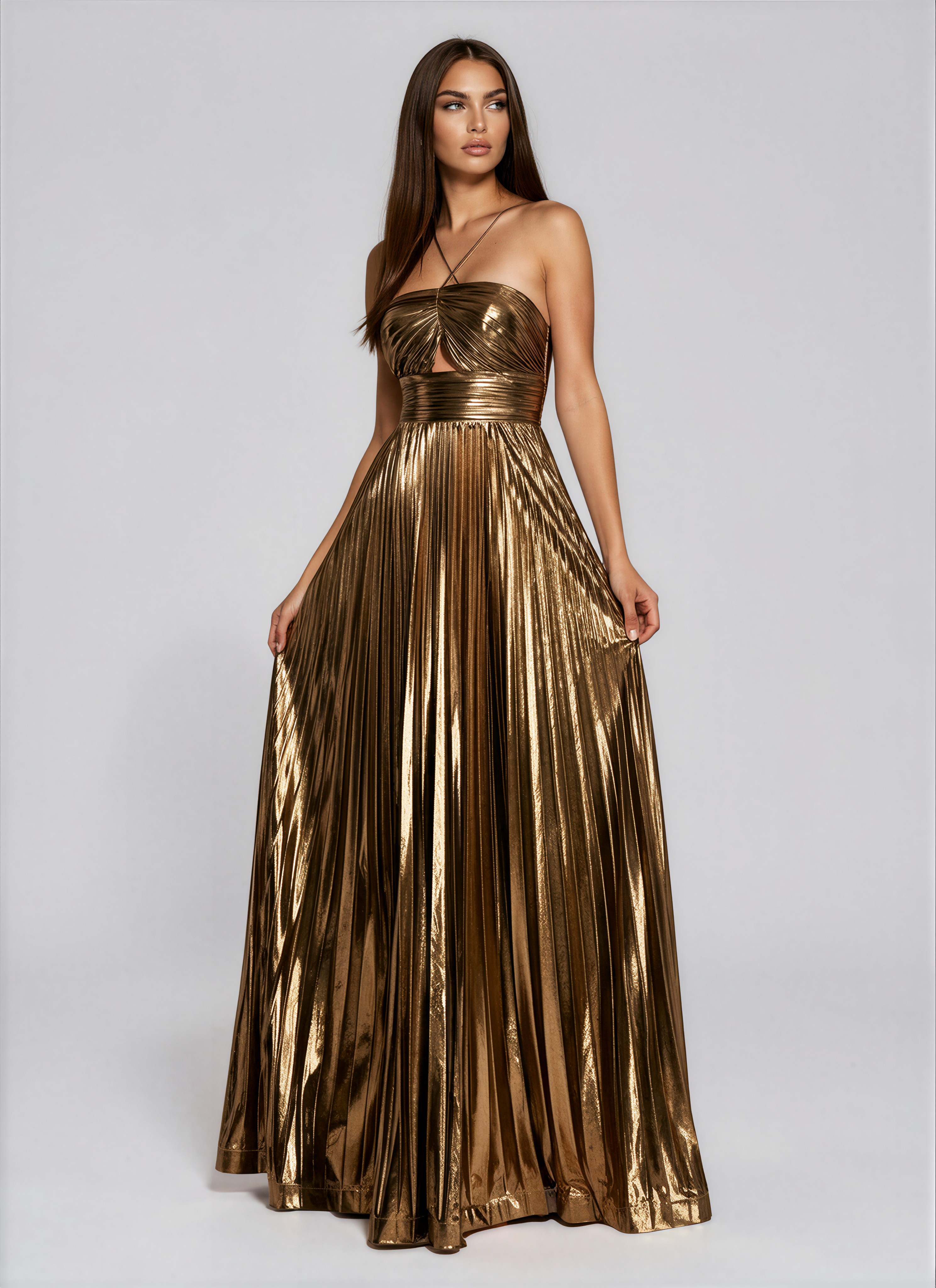Juliette Halterneck Split Pleated Metallic Maxi Dress In Antique Gold