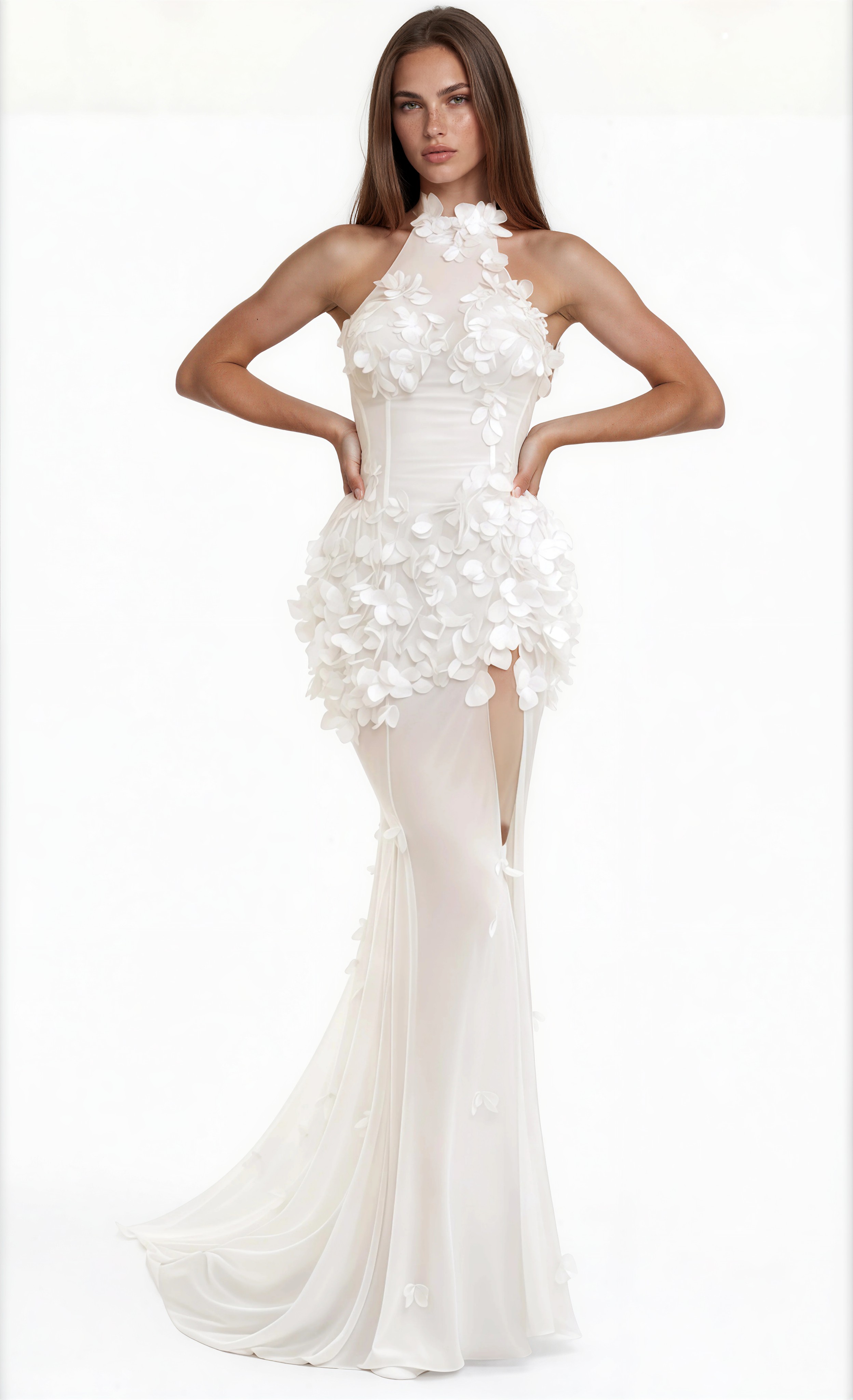 Fflur Flower High Split Mesh Maxi Dress