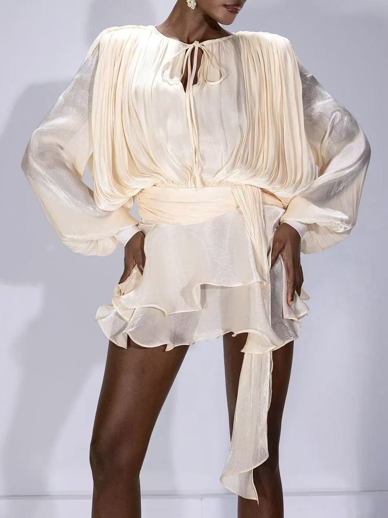 Roanna Long Sleeve Hollow Out Flounce Mini Dress