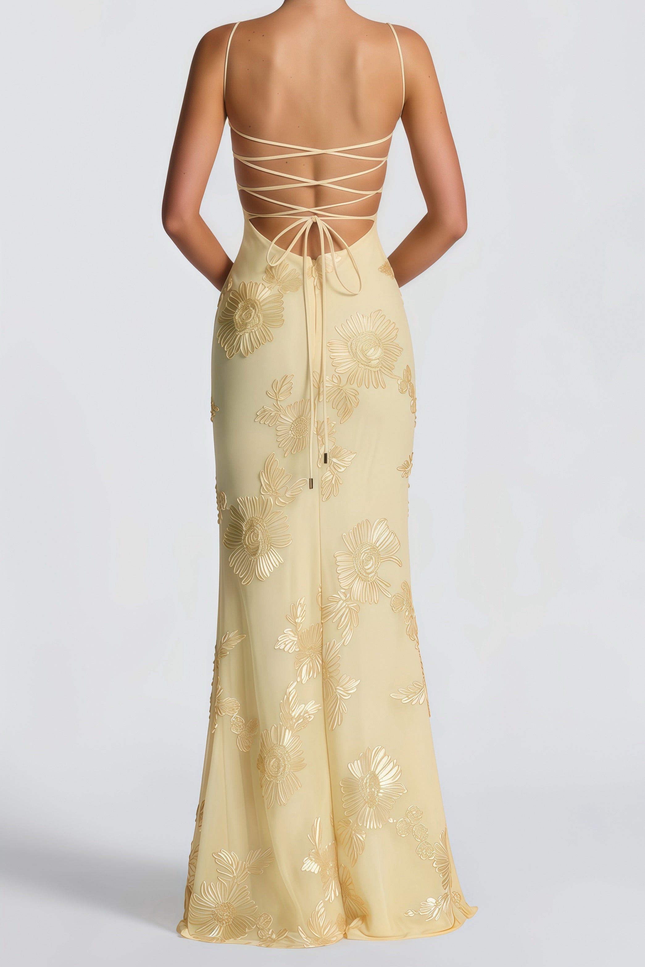 Bernice Yellow Floral Appliqué Corset Maxi Dress