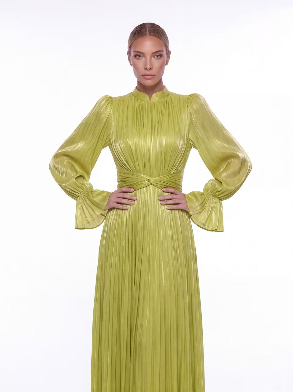 Hustine  Shimmer Lime Pleated Maxi Dress 