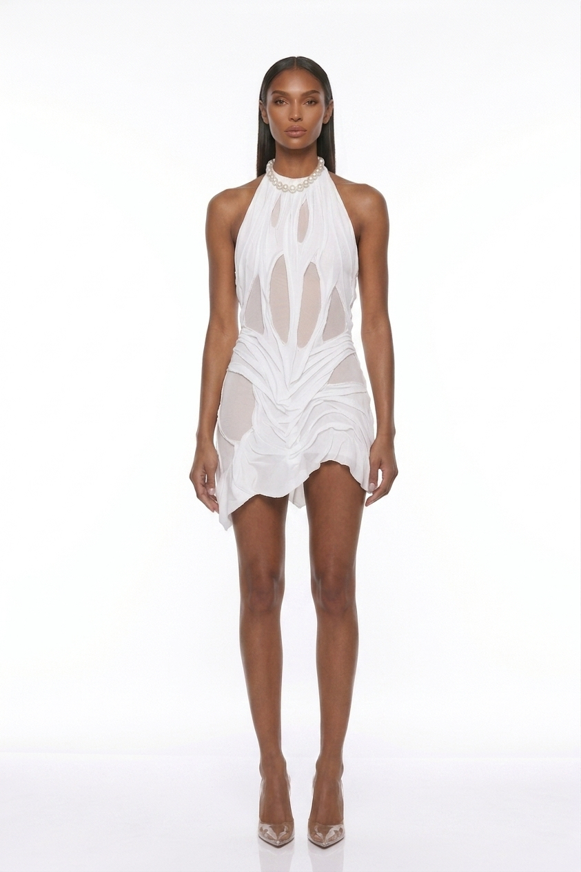 Bethan Halter Neck Ruch Asymmetric Mini Dress In White
