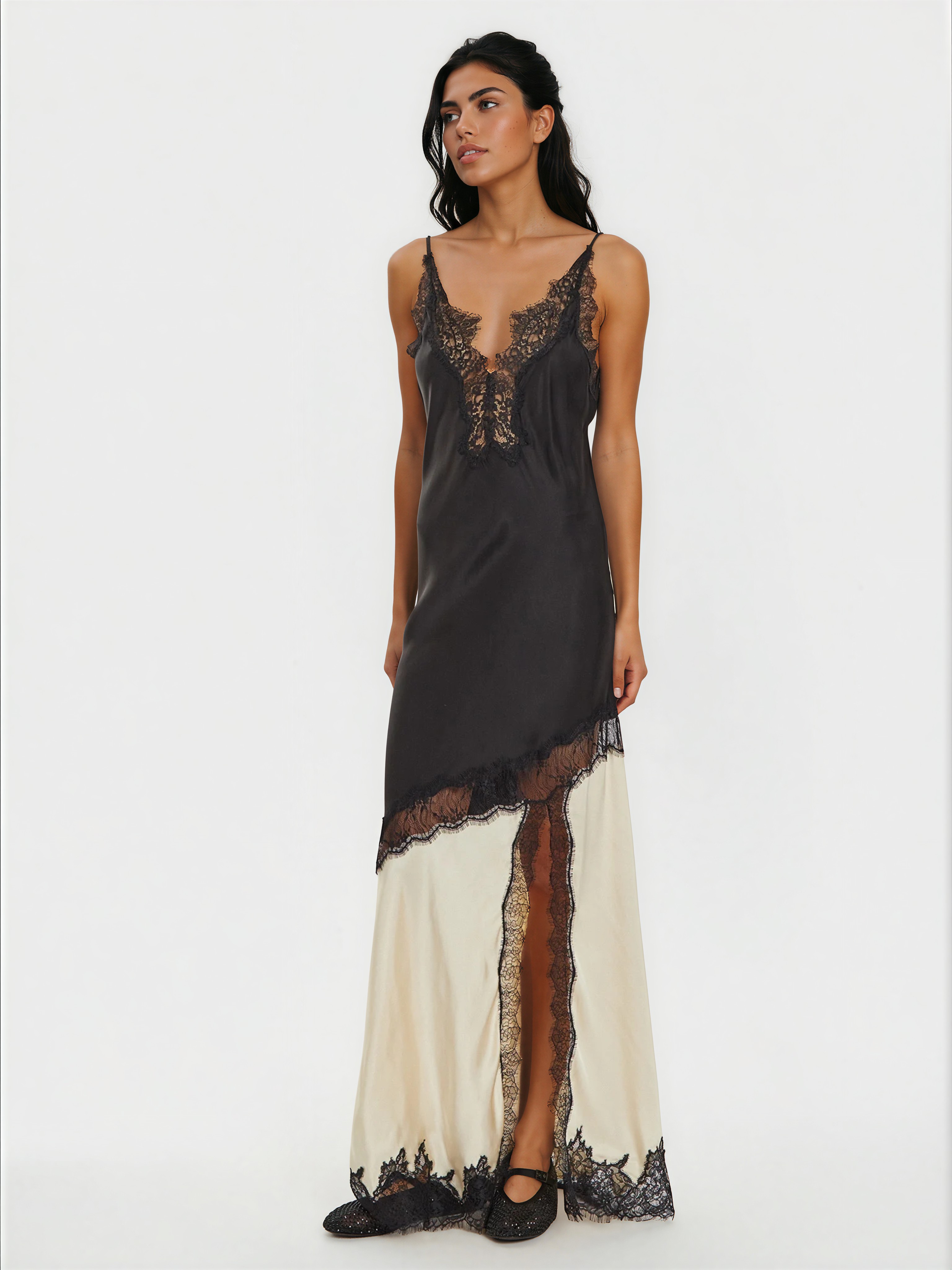 Idalia Black V-neck Lace Trim Panelled Slit Maxi Dress