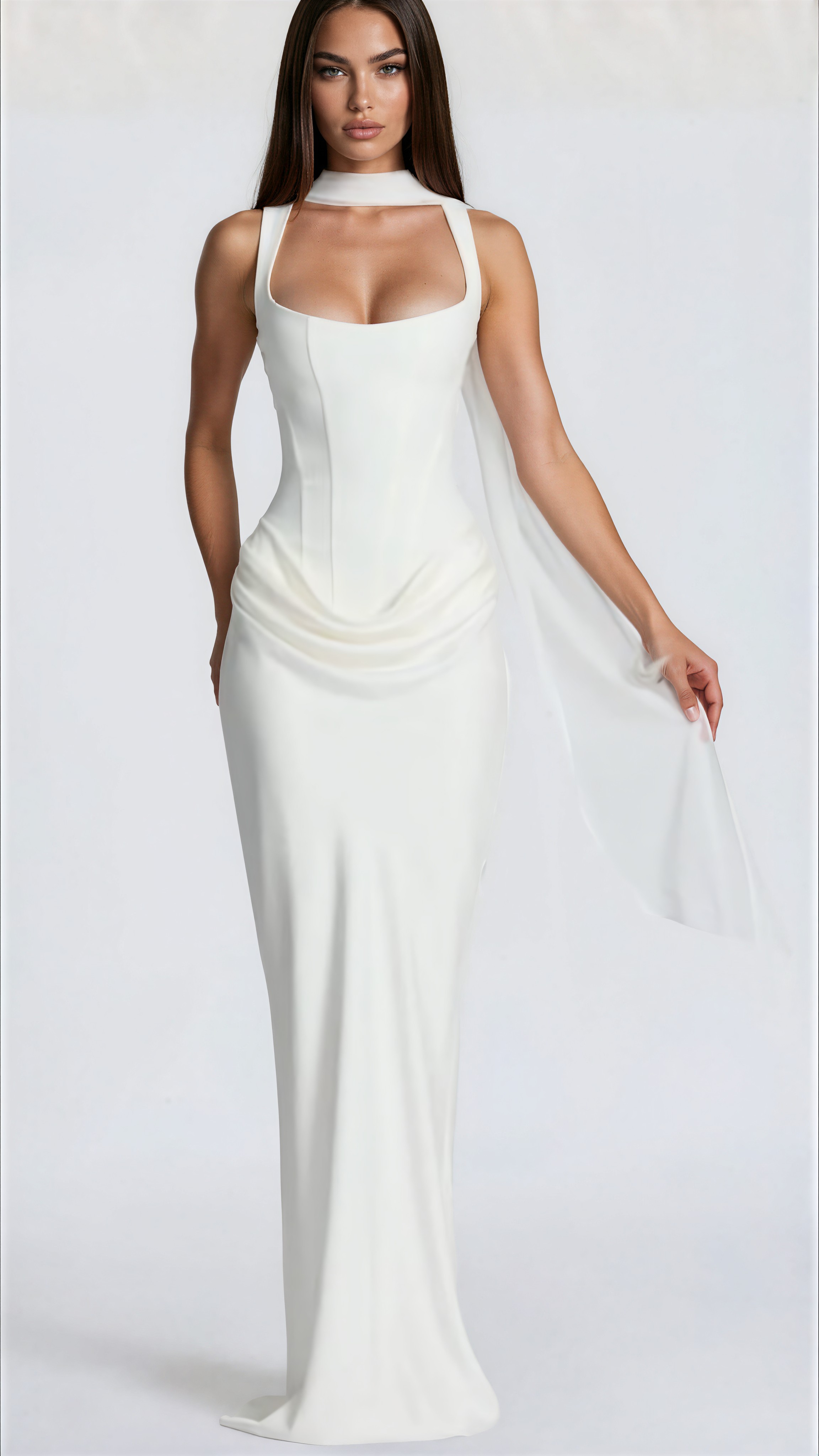 Suemona White Ruched Corset Maxi Dress