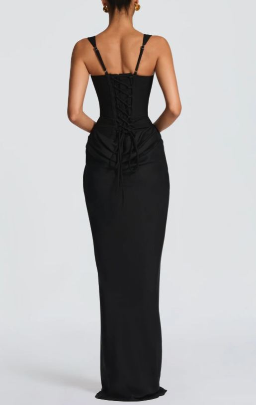 Fanning Black Ruched Corset Maxi Dress