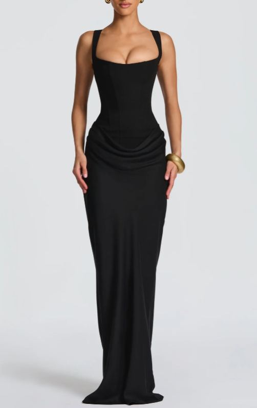 Fanning Black Ruched Corset Maxi Dress