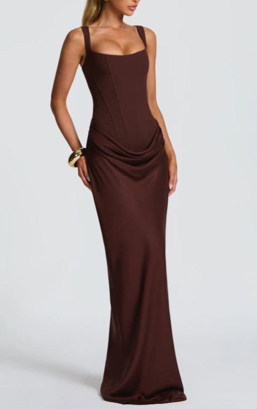 Balisola Brown Ruched Corset Maxi Dress