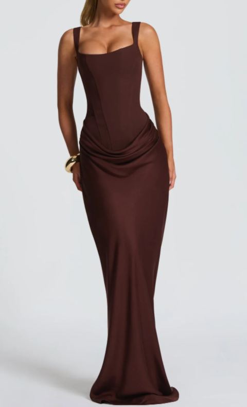 Balisola Brown Ruched Corset Maxi Dress