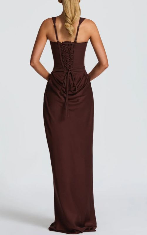 Balisola Brown Ruched Corset Maxi Dress