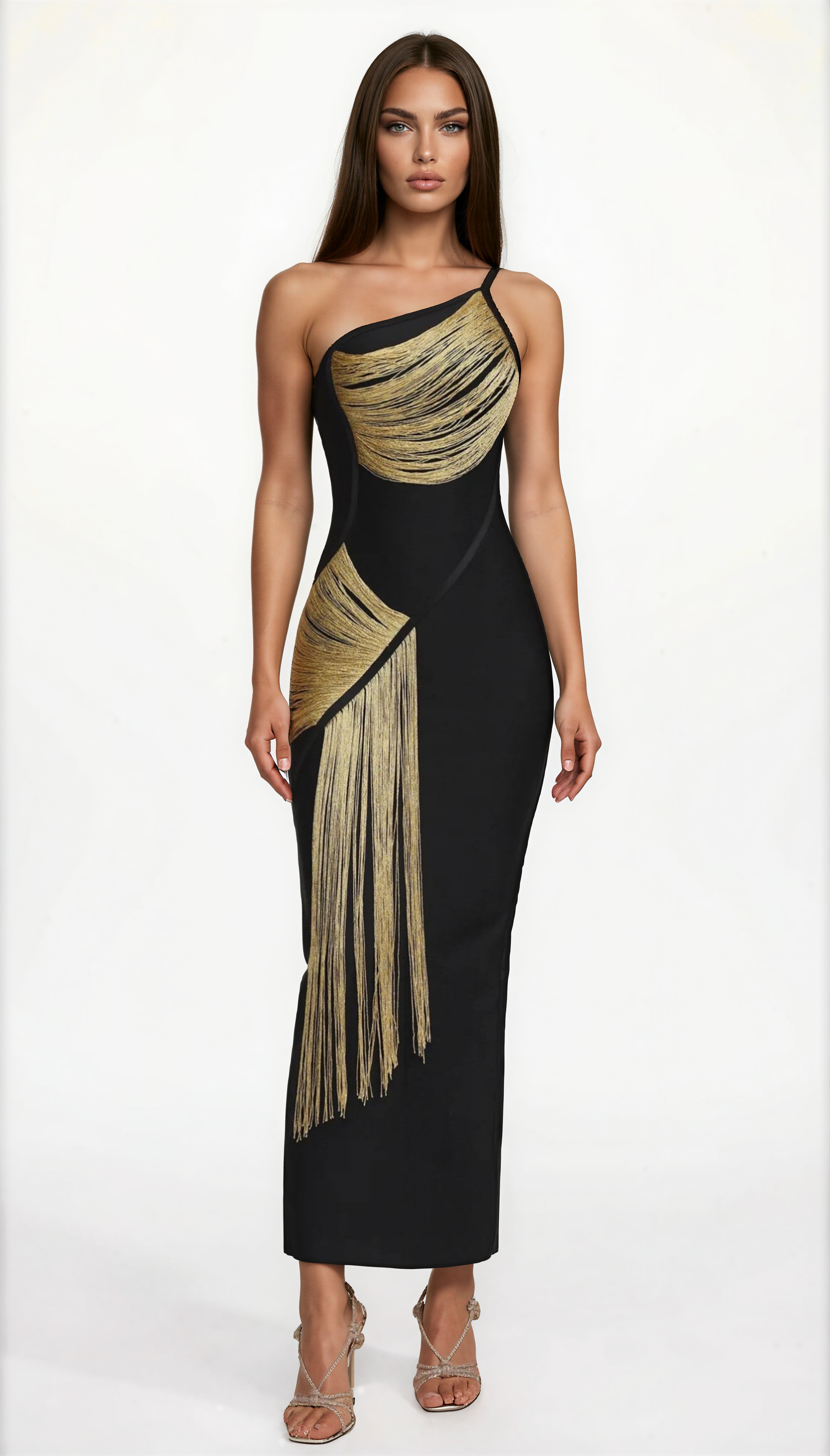 Gunhild One Shoulder Sleeveless Golden Tassels Bandage Maxi Dress