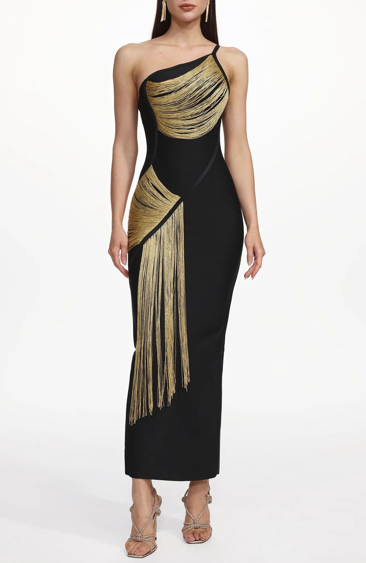 Gunhild One Shoulder Sleeveless Golden Tassels Bandage Maxi Dress