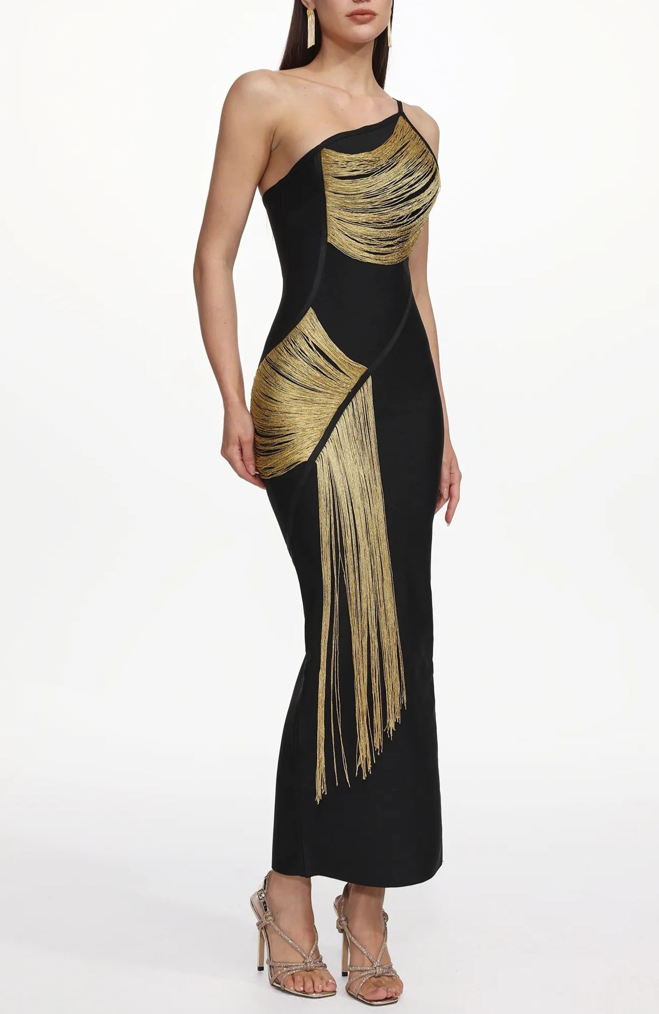 Gunhild One Shoulder Sleeveless Golden Tassels Bandage Maxi Dress