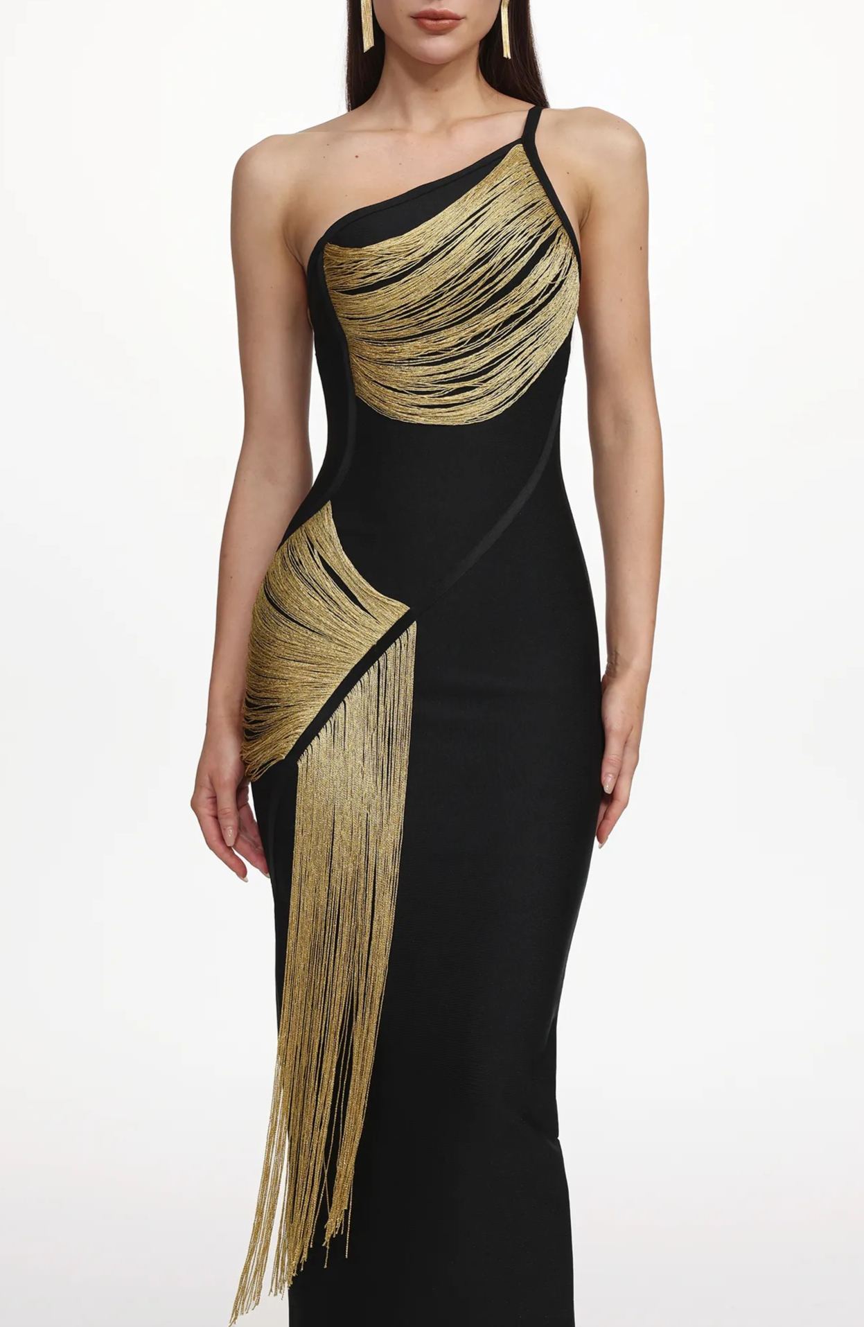 Gunhild One Shoulder Sleeveless Golden Tassels Bandage Maxi Dress