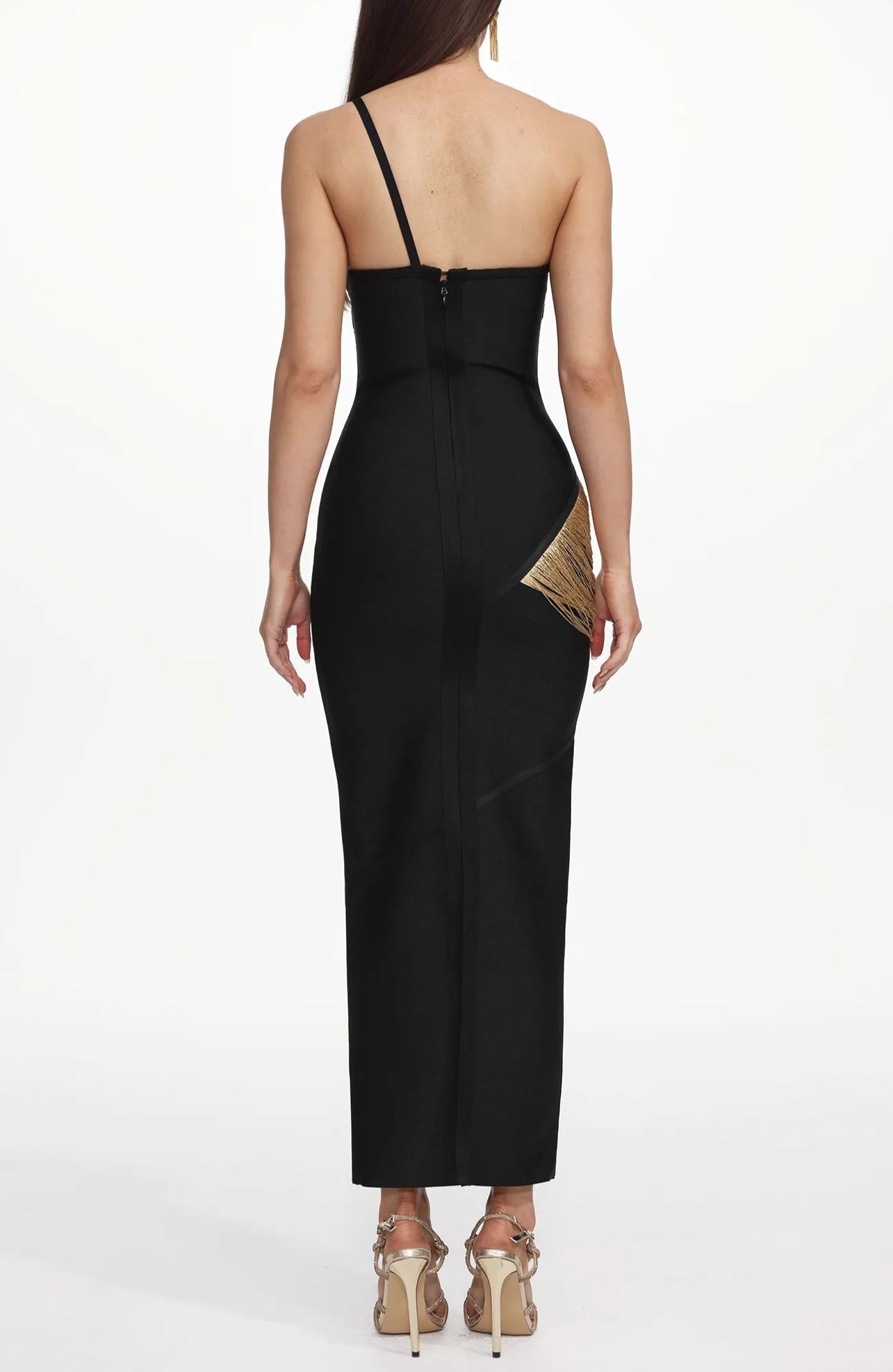 Gunhild One Shoulder Sleeveless Golden Tassels Bandage Maxi Dress