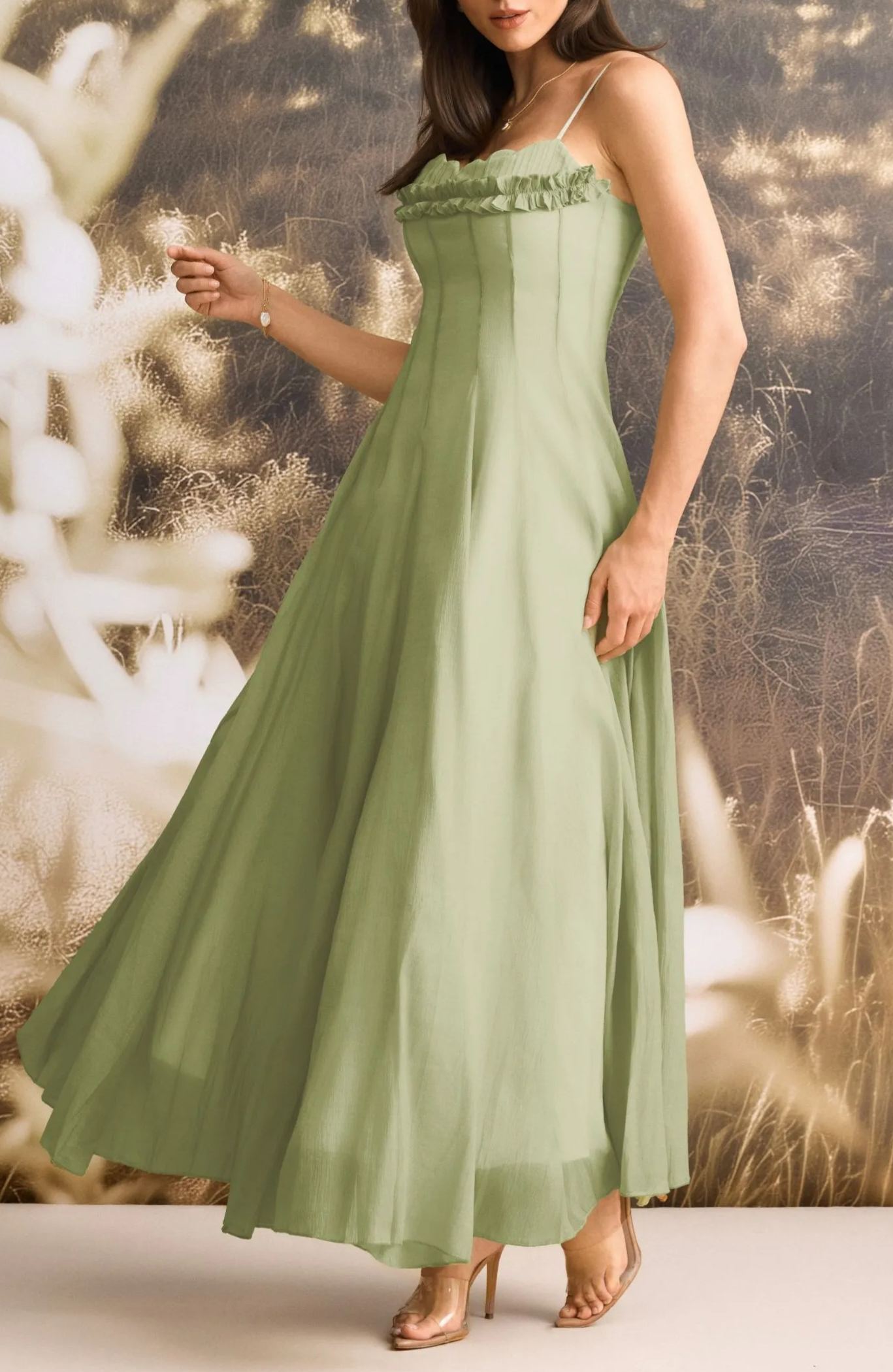 Piroska Ruffled Shirred Tulle Maxi Dress