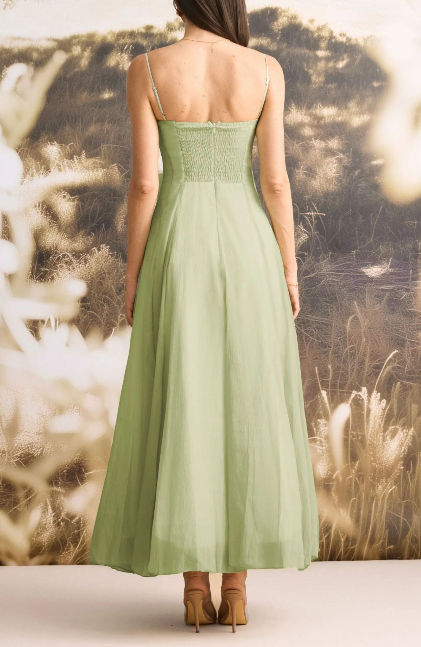 Piroska Ruffled Shirred Tulle Maxi Dress