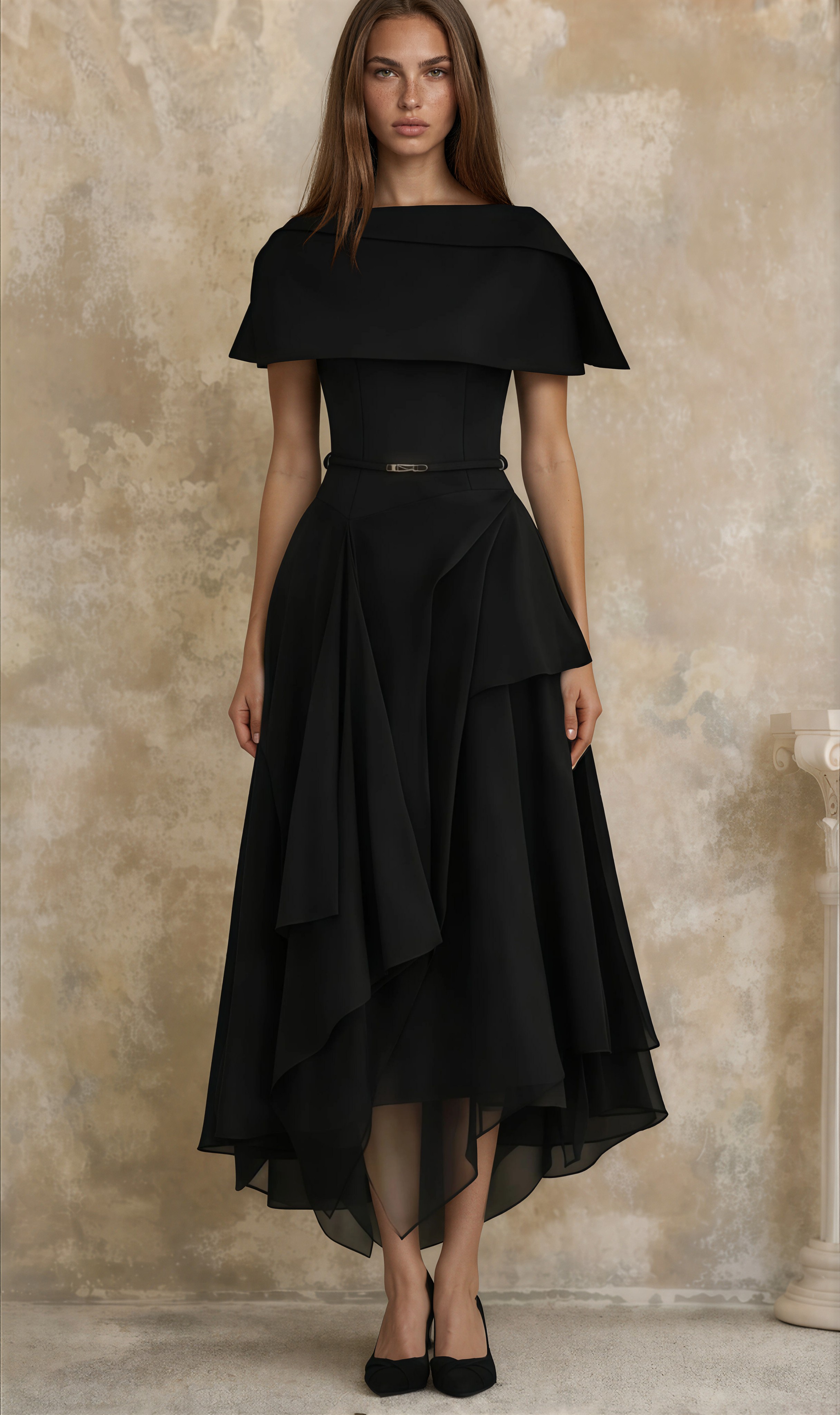 Vilhelmiina Black Asymmetrical Shawl & Tulle Panel Dress Set