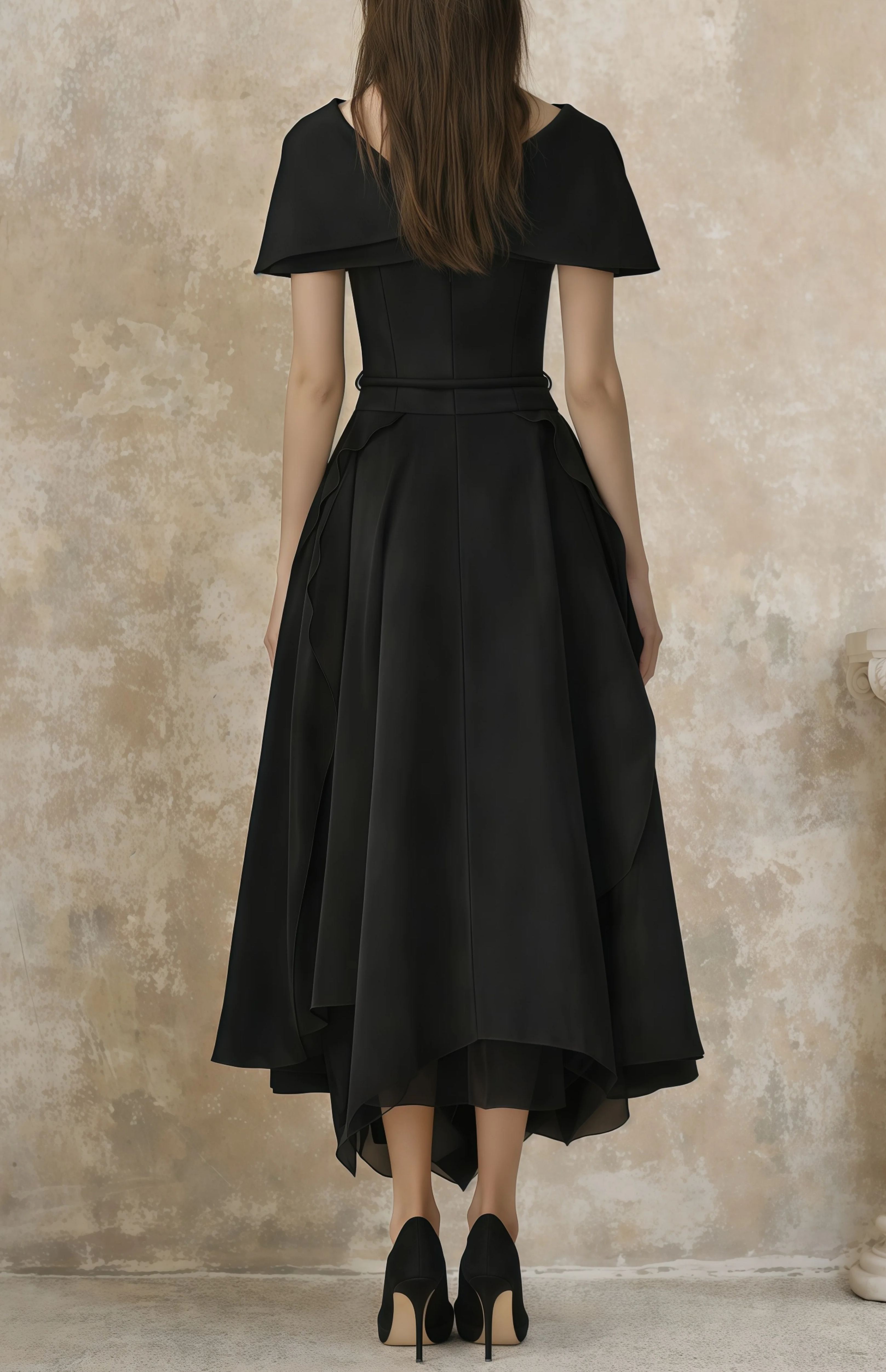 Vilhelmiina Black Asymmetrical Shawl & Tulle Panel Dress Set