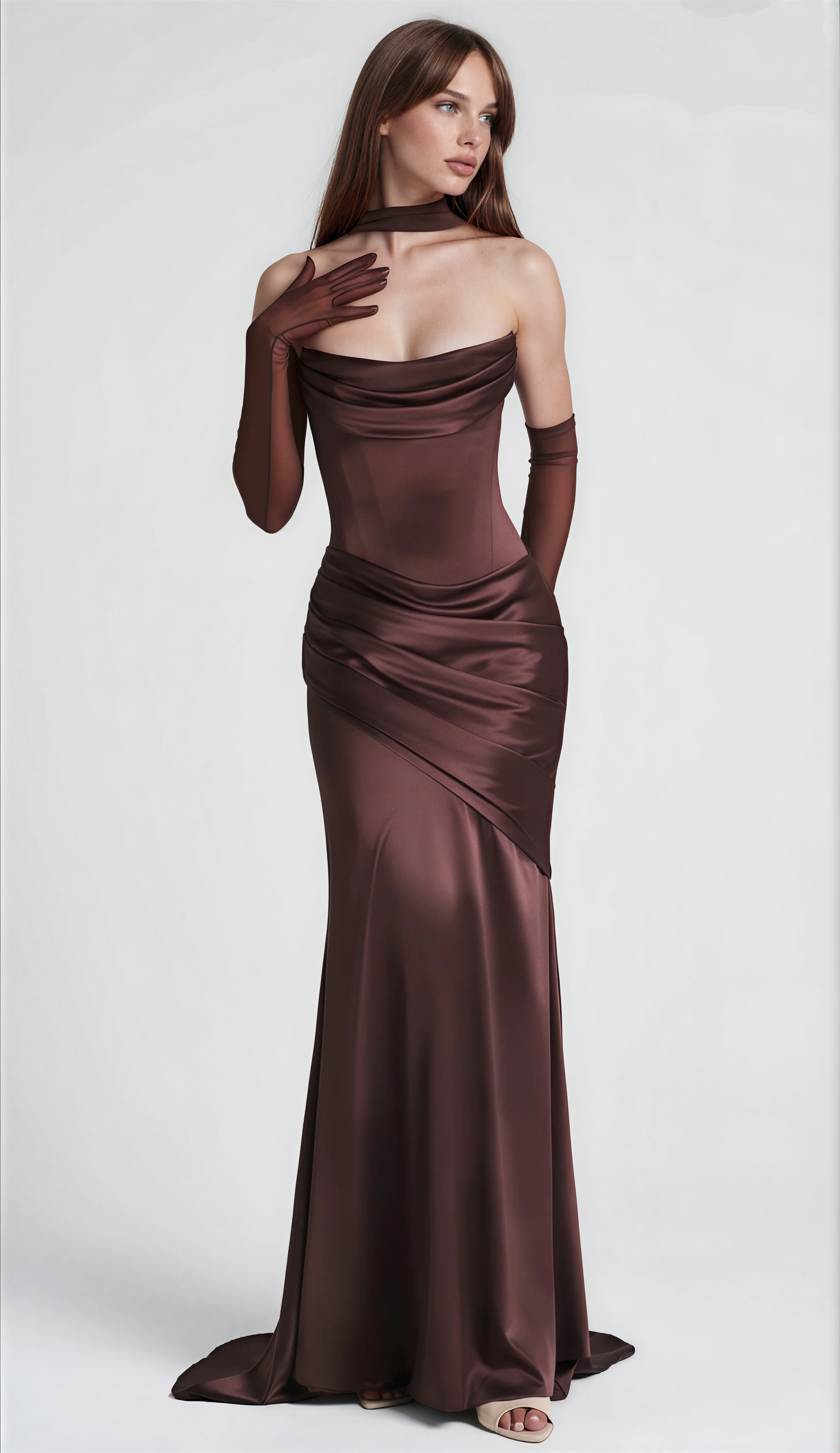 Pisunila Brown Ruched Satin Maxi Dress