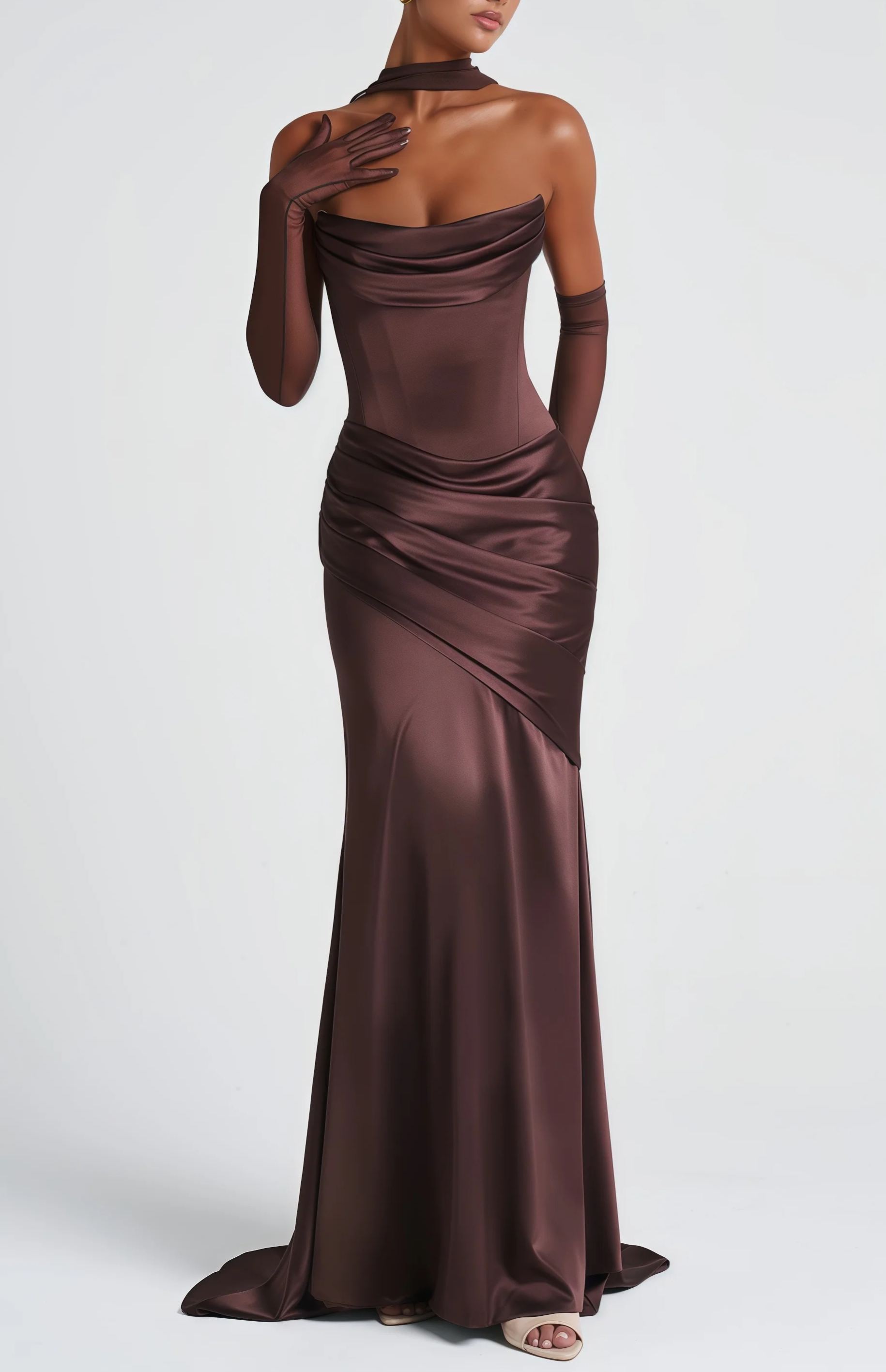 Fenella Brown Ruched Satin Maxi Dress
