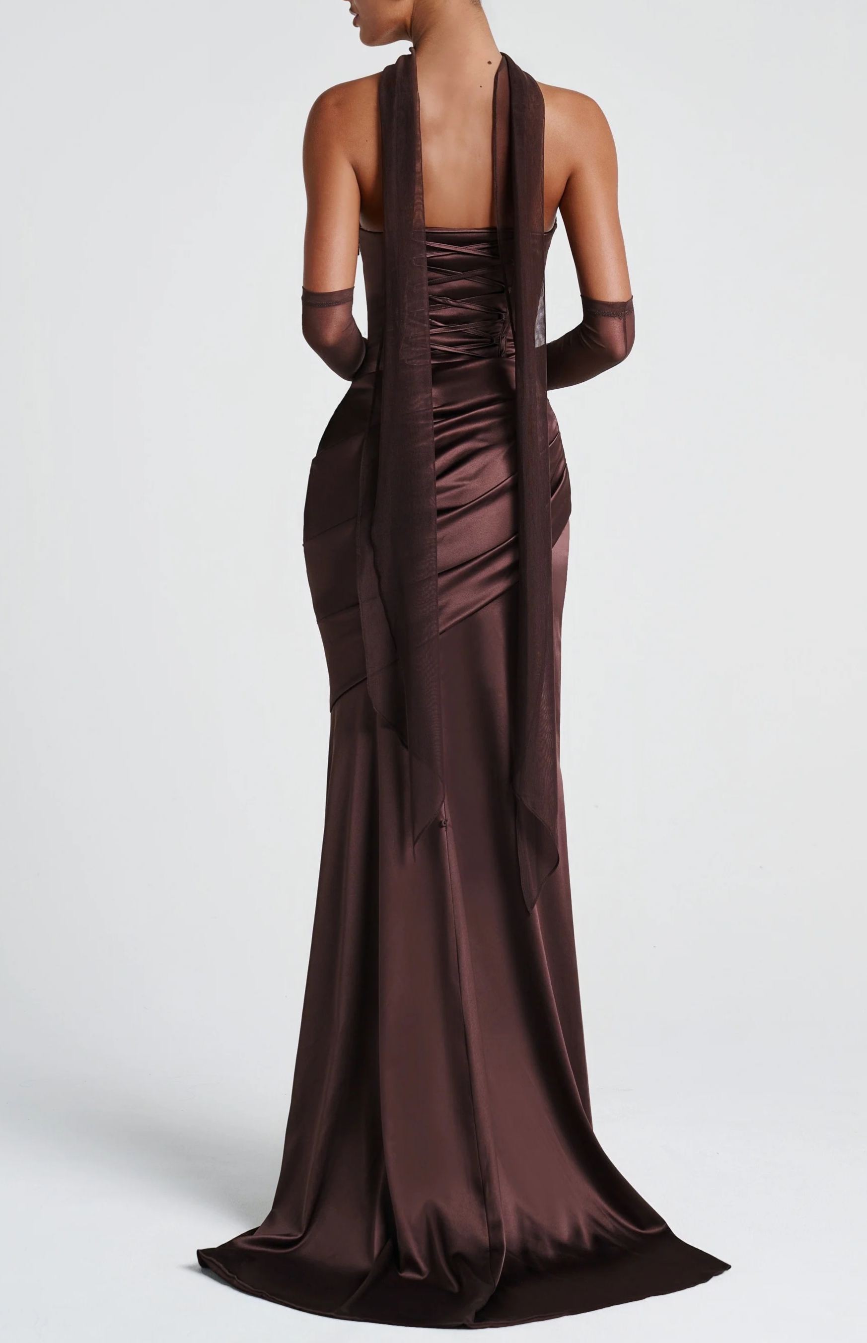 Fenella Brown Ruched Satin Maxi Dress